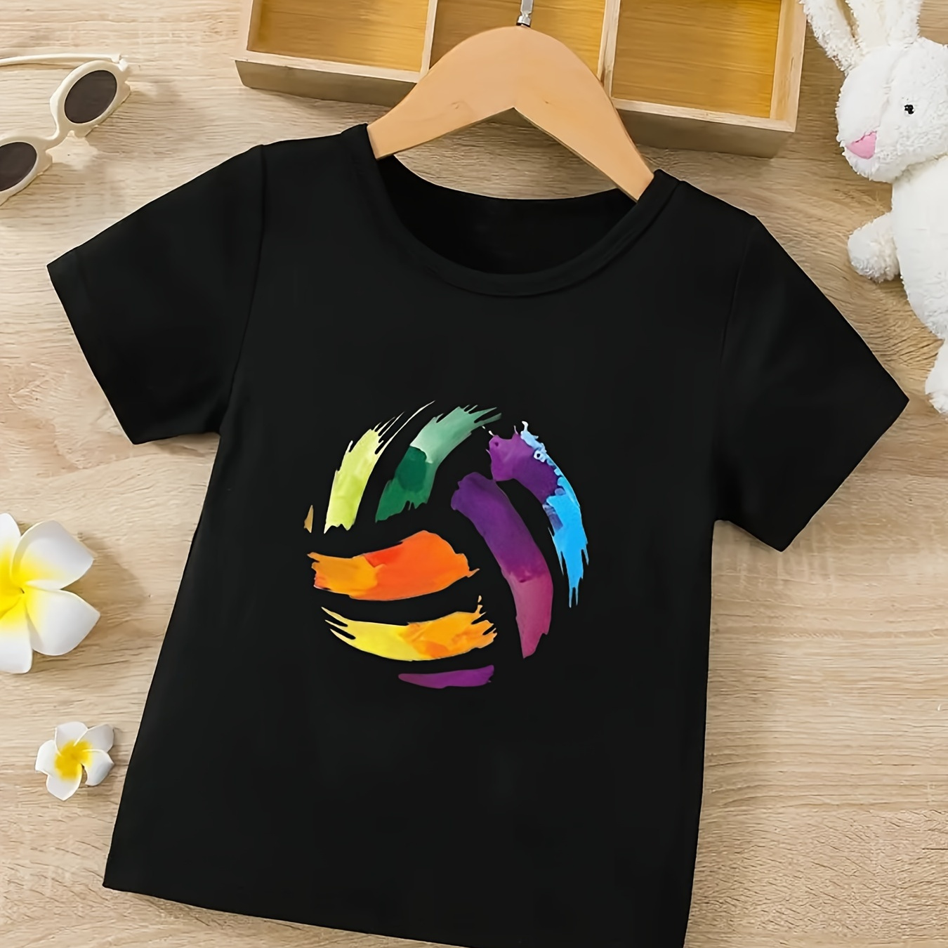 

Colorful Volleyball Pattern Print Boy's Short Sleeve T-shirt, Casual Round Neck Comfy & Breathable Tops For Spring Summer Outdoor Activities