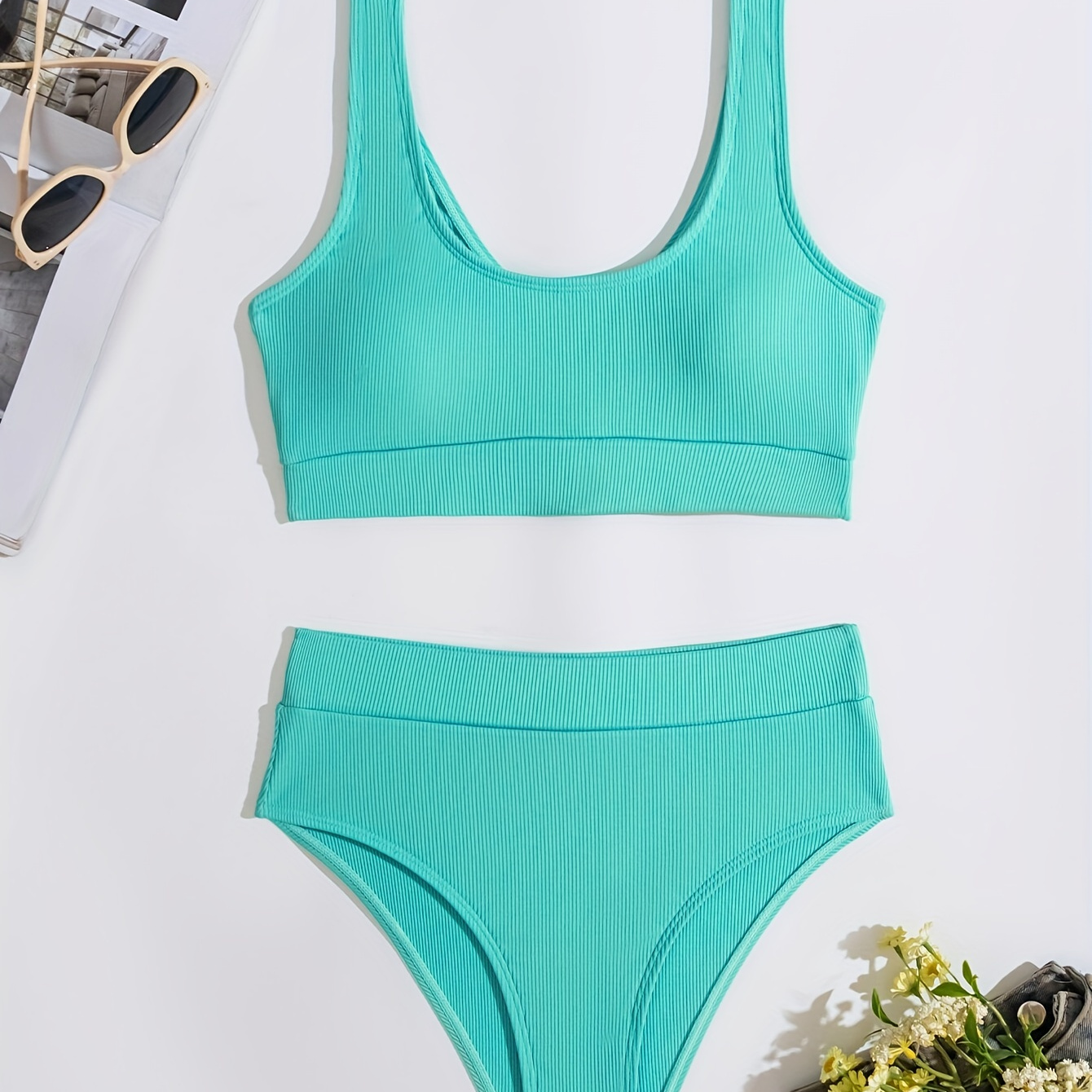 

Mint Green Rib Knit High Waist 2 Piece Set Bikini, Scoop Neck High Strech Solid Color Swimsuit, Women's Swimwear & Clothing