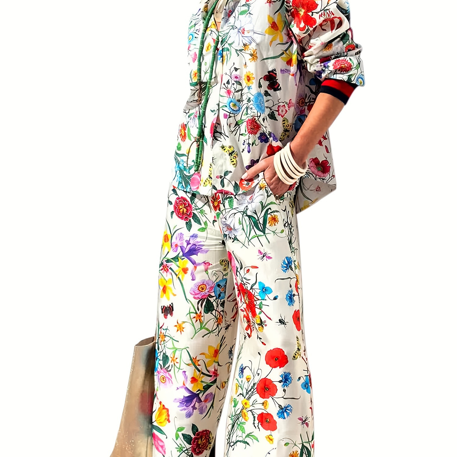 

Seasonal Charm, Women's Floral Outfit - Long Sleeve Button-up Collared Shirt & Pants Set, Machine Washable, Polyester