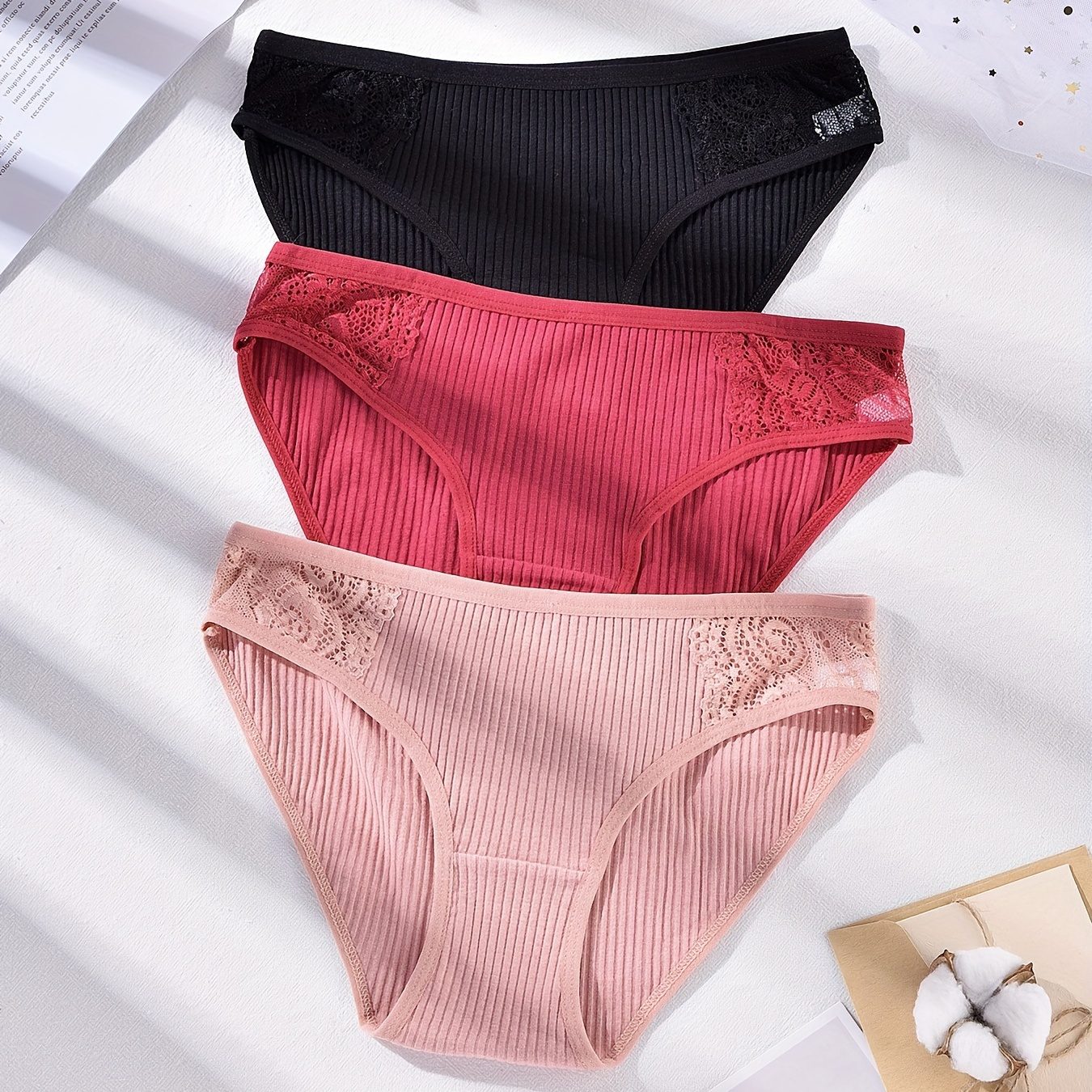 

3pcs Contrast Lace Ribbed Briefs, Comfy & Soft Intimates Panties, Women's Lingerie & Underwear