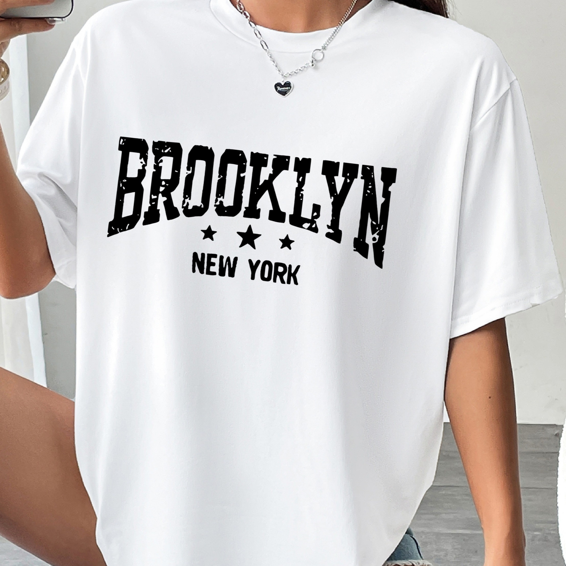 

Brooklyn Print Drop Shoulder T-shirt, Short Sleeve Crew Neck Casual Top For Spring & Summer, Women's Clothing