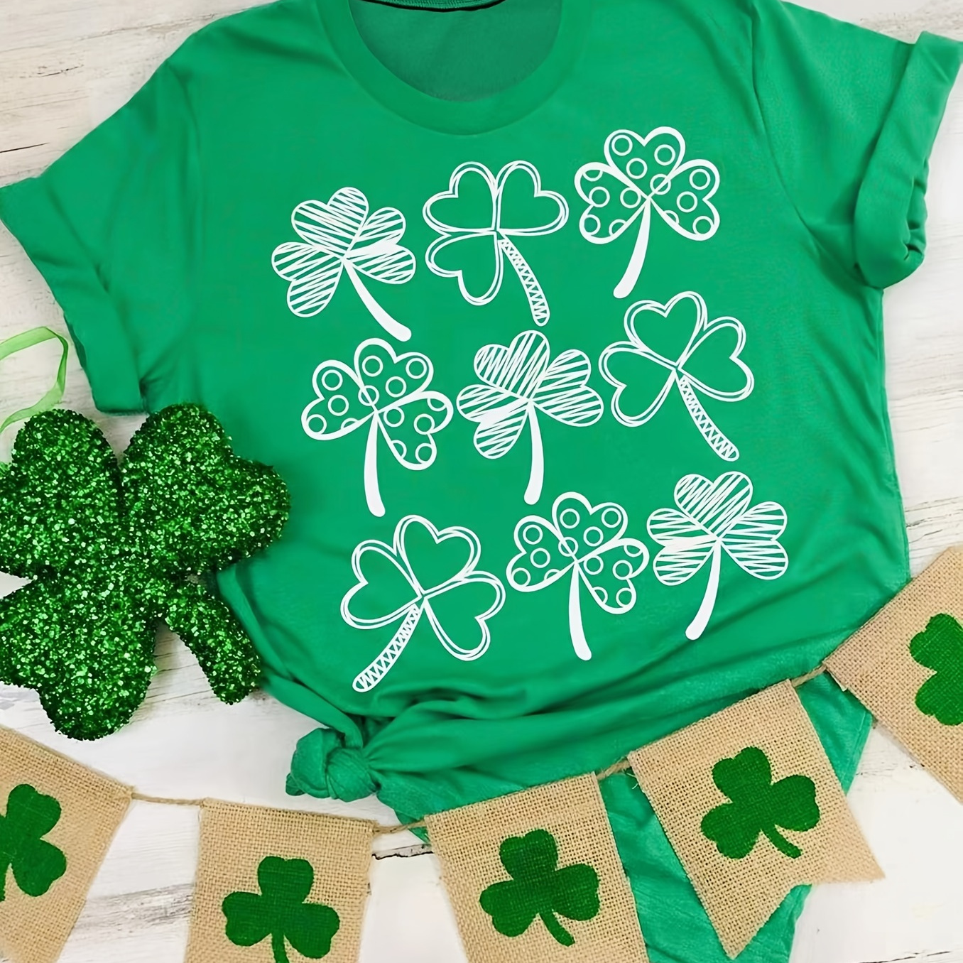 

St. Patrick's Day Four-leaf Clover Pprint T-shirt, Casual Crew Neck Short Sleeve Top For Spring & Summer, Women's Clothing