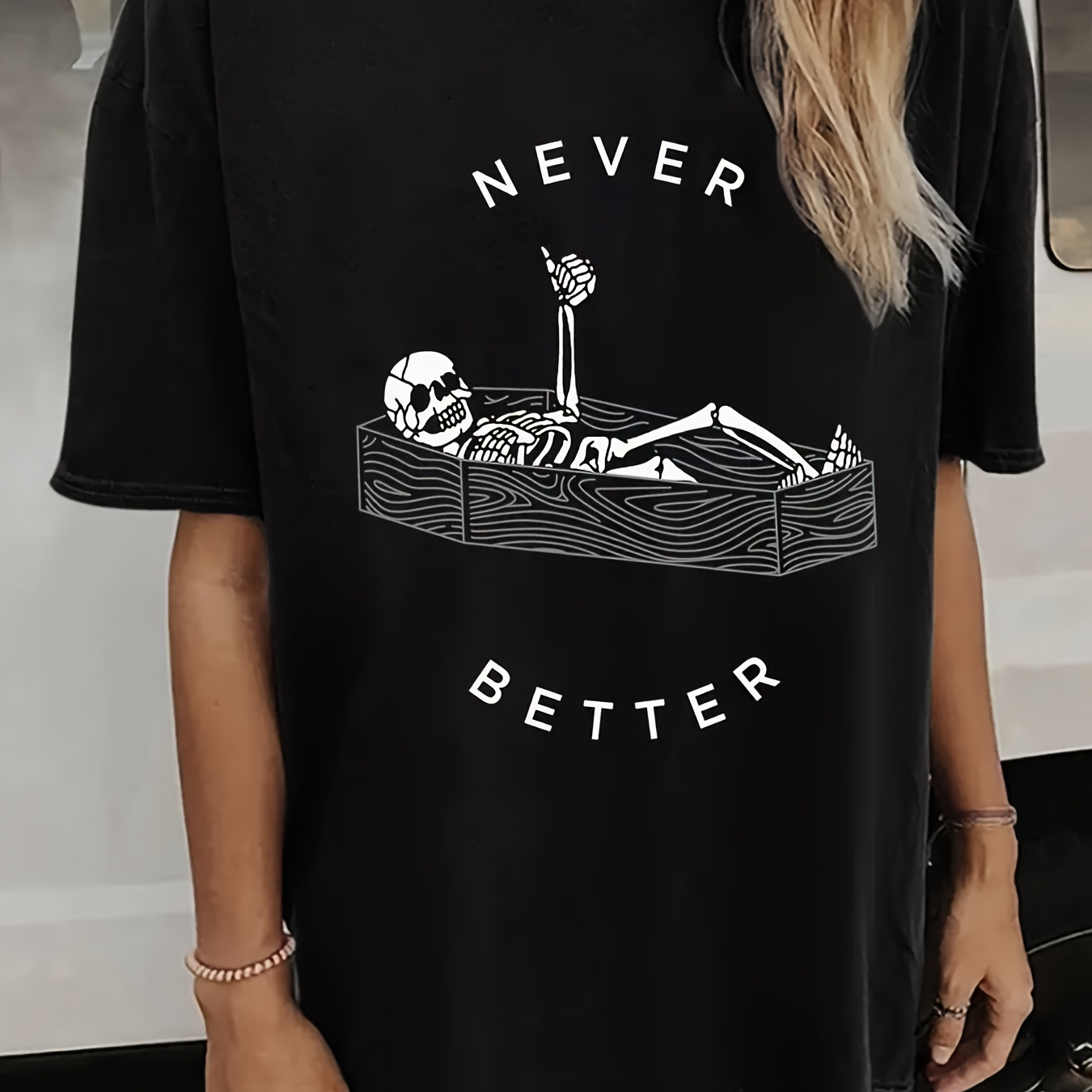 

Skeleton Say Never Better Print T-shirt, Casual Crew Neck Short Sleeve T-shirt For Spring & Summer, Women's Clothing