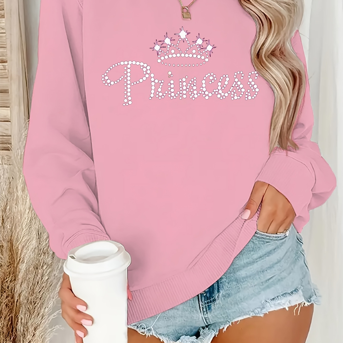 

1pc Women's Casual Polyester Sweatshirt With Rhinestone "princess" Lettering, Crew Neck, Long Sleeve, Knitted Pullover For Autumn/winter