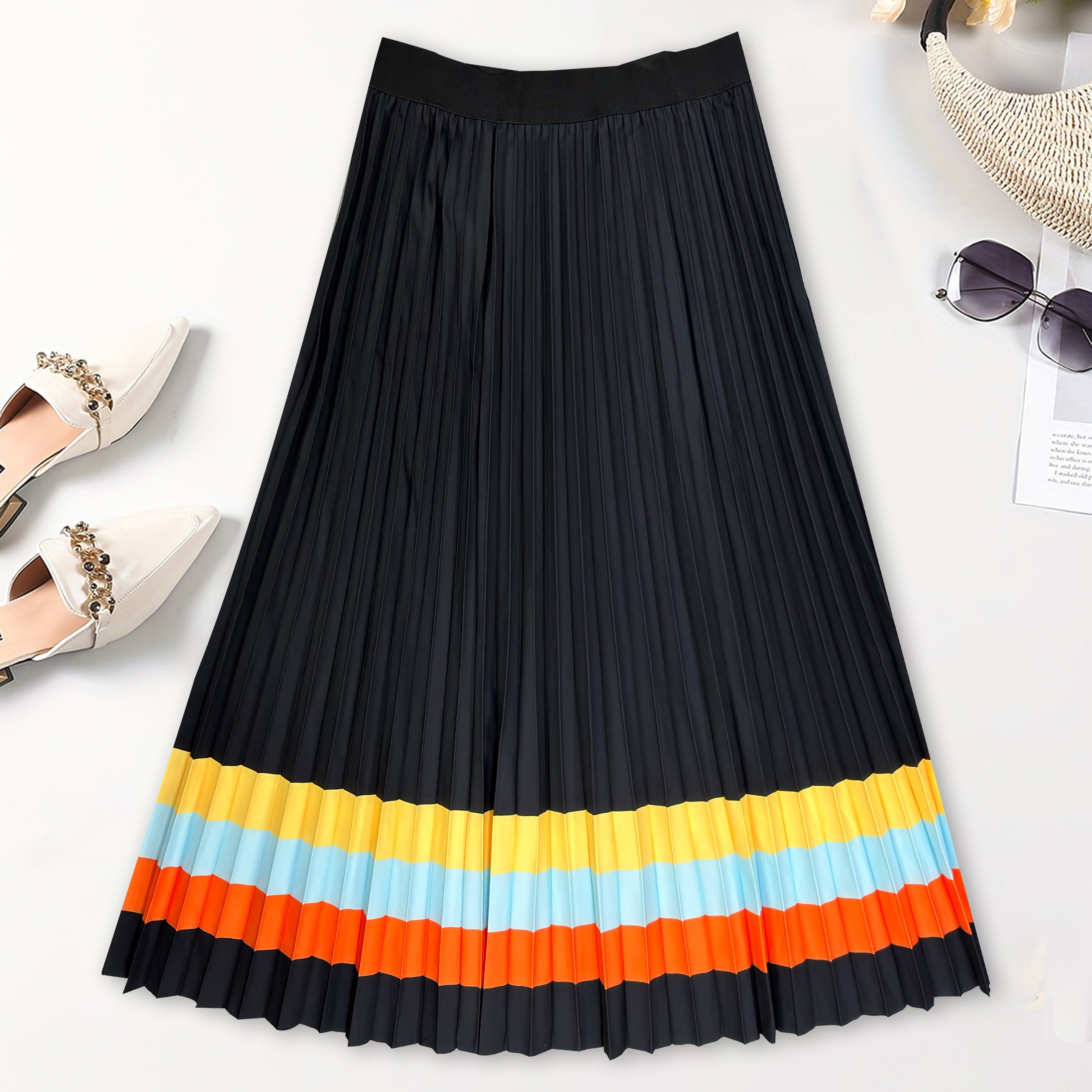 

Color Block Pleated Skirt, Elegant Skirt For Spring & Summer, Women's Clothing