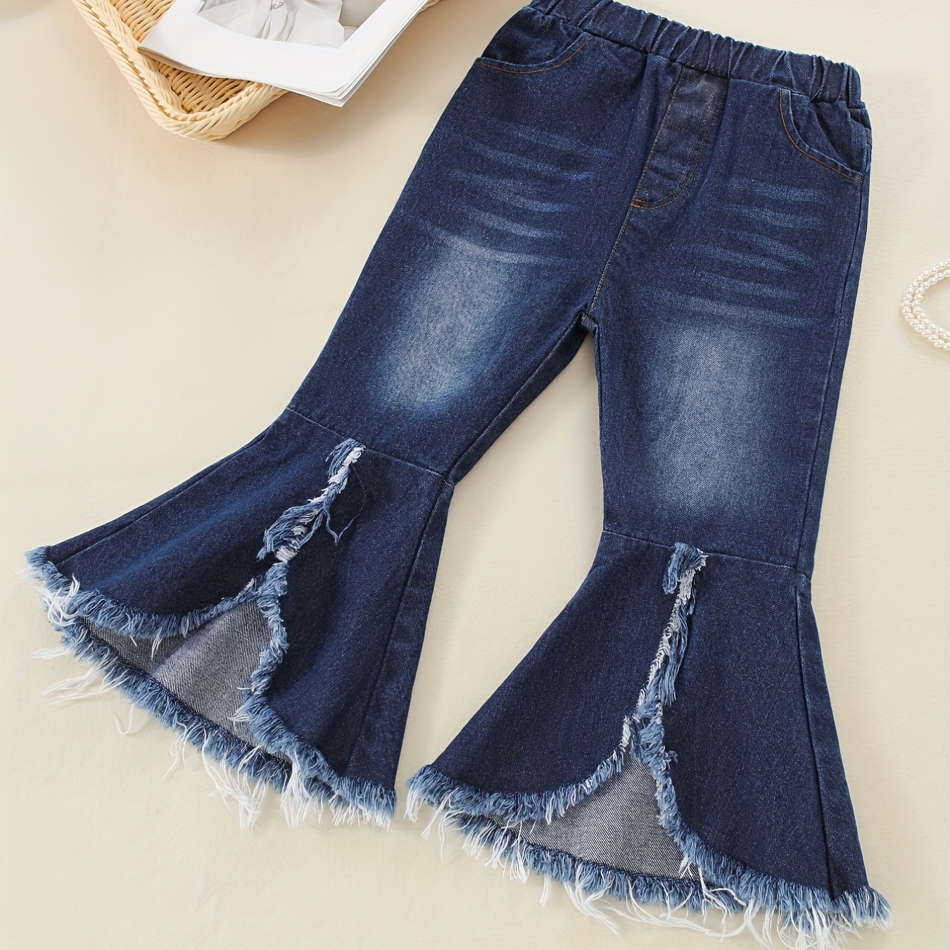 Toddler Girls Asymmetrical Raw Hem Jeans Pocket Elastic Waist Denim Flare Leg Pants Kids Spring Summer Clothes