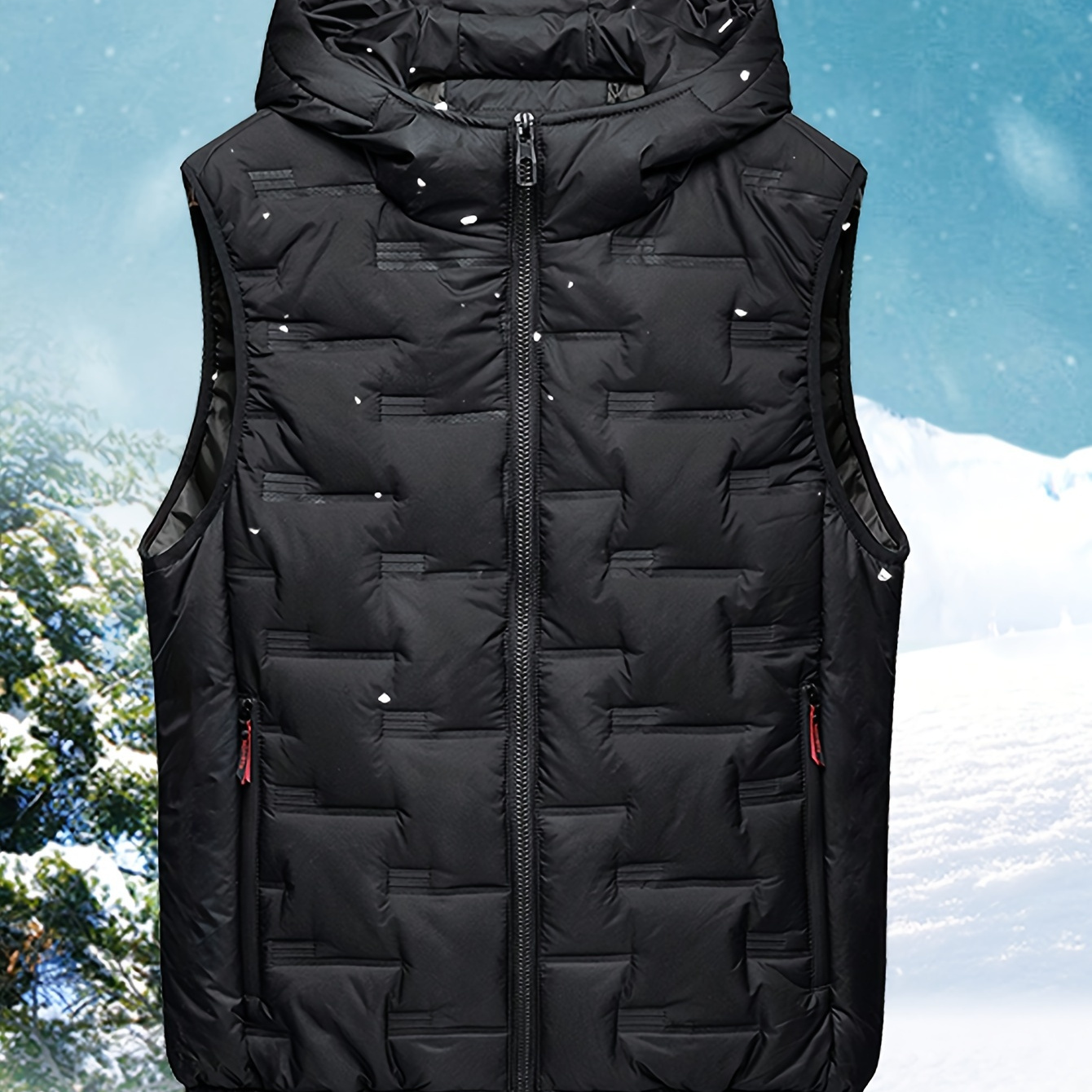 

Men's Casual Hooded Puffer Vest With Pockets, 100% Polyester Woven Fabric, Solid Color Sleeveless Jacket For Fall/winter