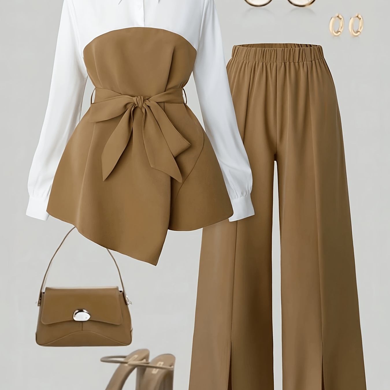 Women's Elegant 2pcs Office Set, Lapel Long-Sleeve Top with Slit Wide-Leg Pants, Business Commuter Style Outfit