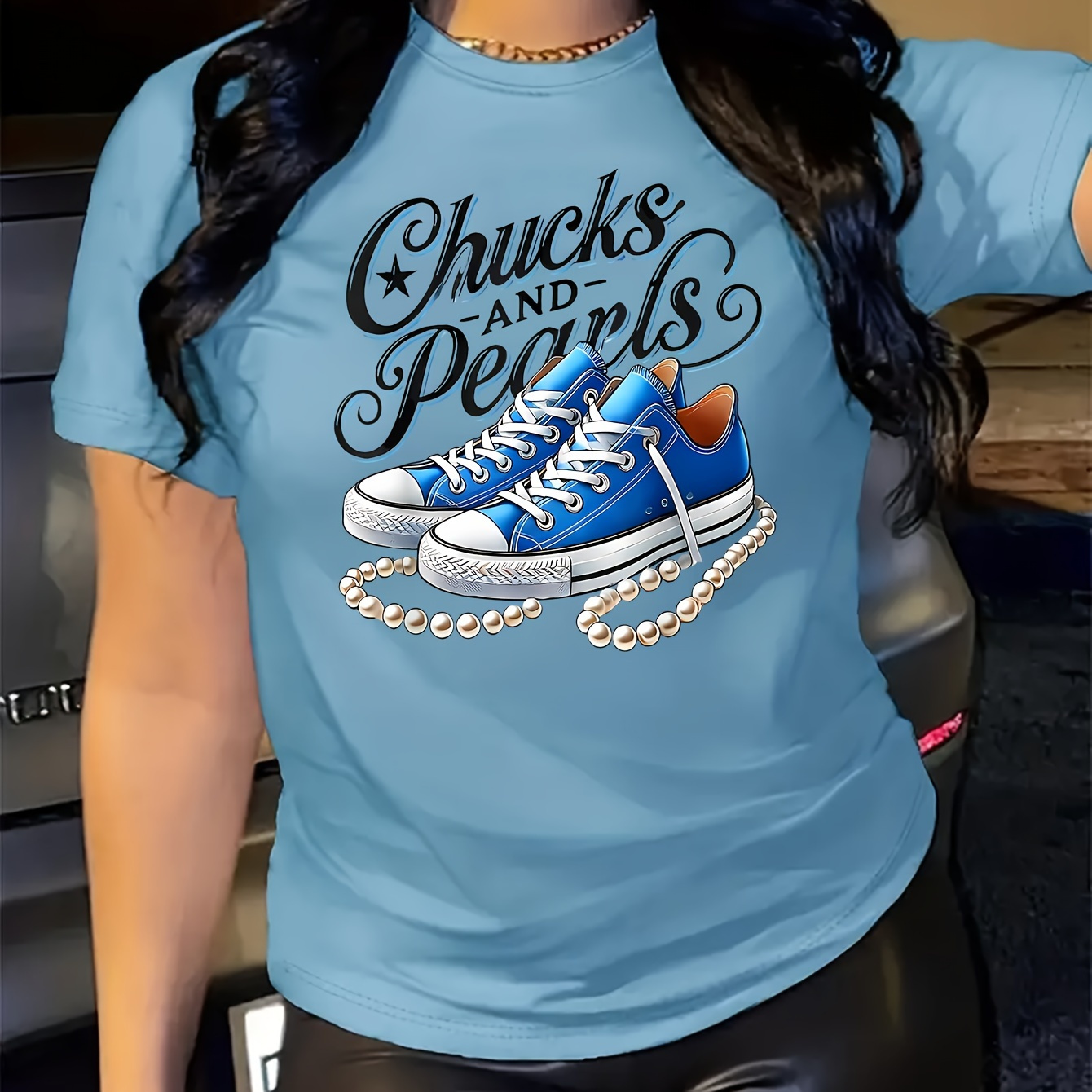 

Women's Casual Crew Neck Short Sleeve T-shirt With Chuck Sneakers And Pearls Graphic, 100% Polyester Knit Fabric, Regular Fit Tee For All