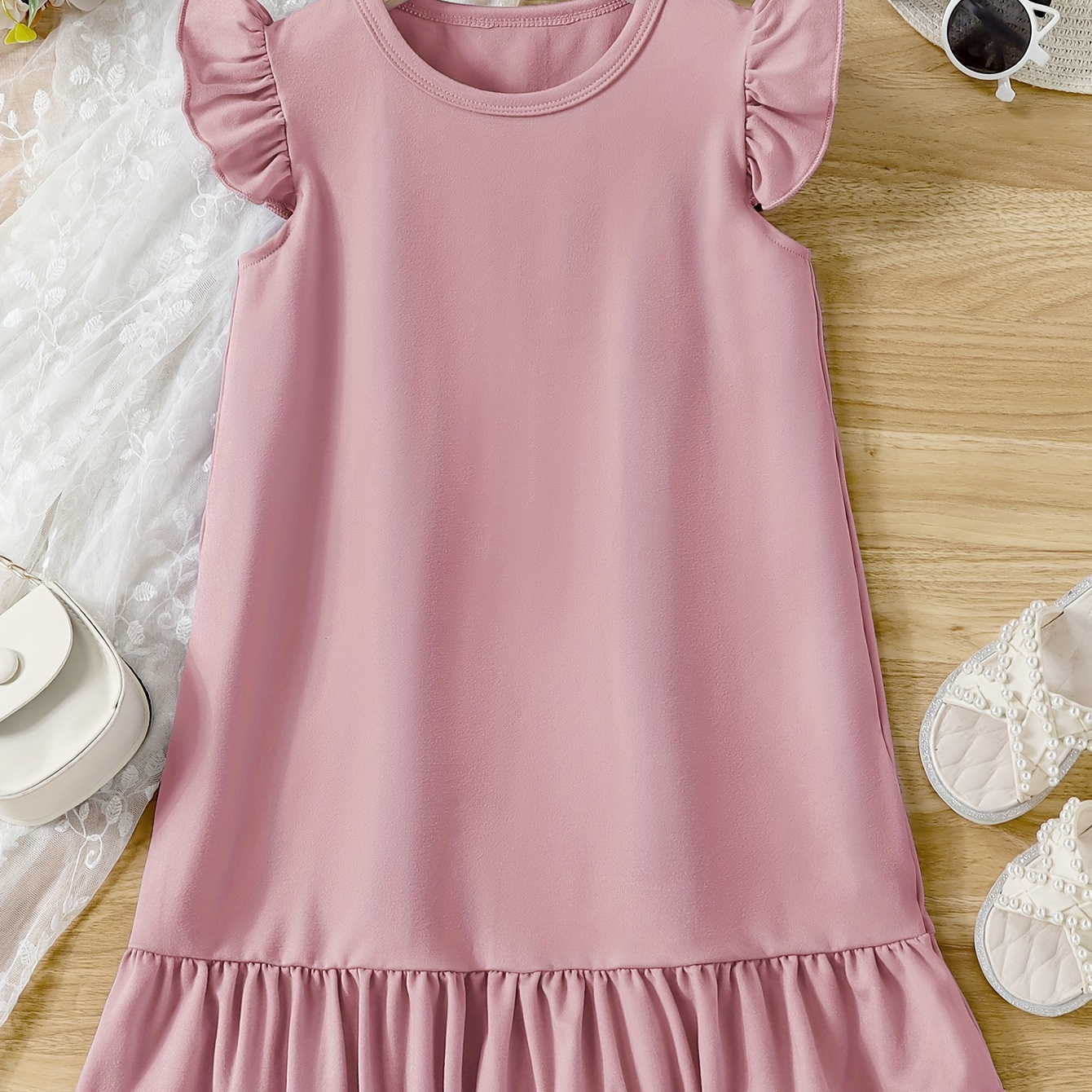 

Casual Solid Flutter Sleeve Dress, Girls Ruffle Hem Dresses For Summer Holiday Gift Party