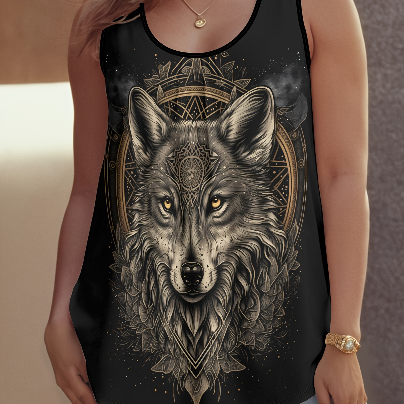 

Plus Size Wolf Print Crew Neck Tank Top, Casual Sleeveless Tank Top For Spring & Summer, Women's Plus Size Clothing