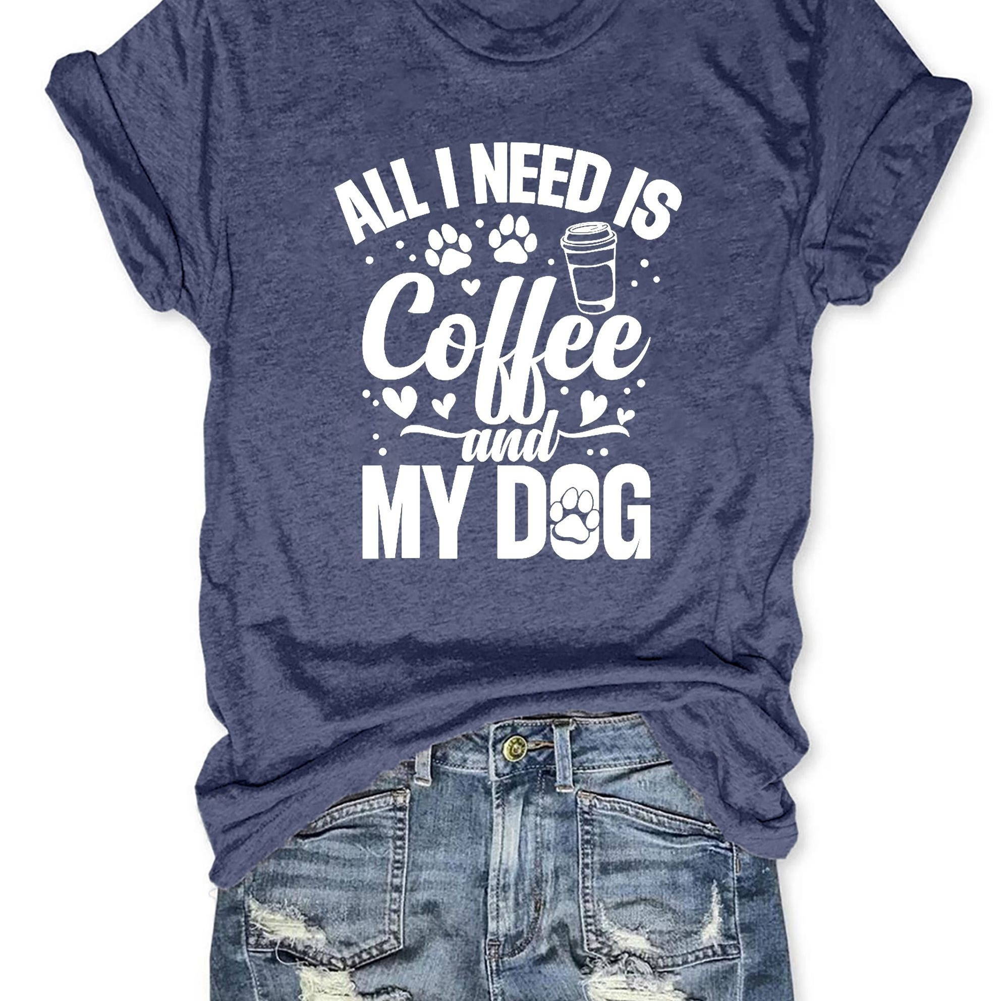

Coffee & Dog Print T-shirt, Short Sleeve Crew Neck Casual Top For Summer & Spring, Women's Clothing
