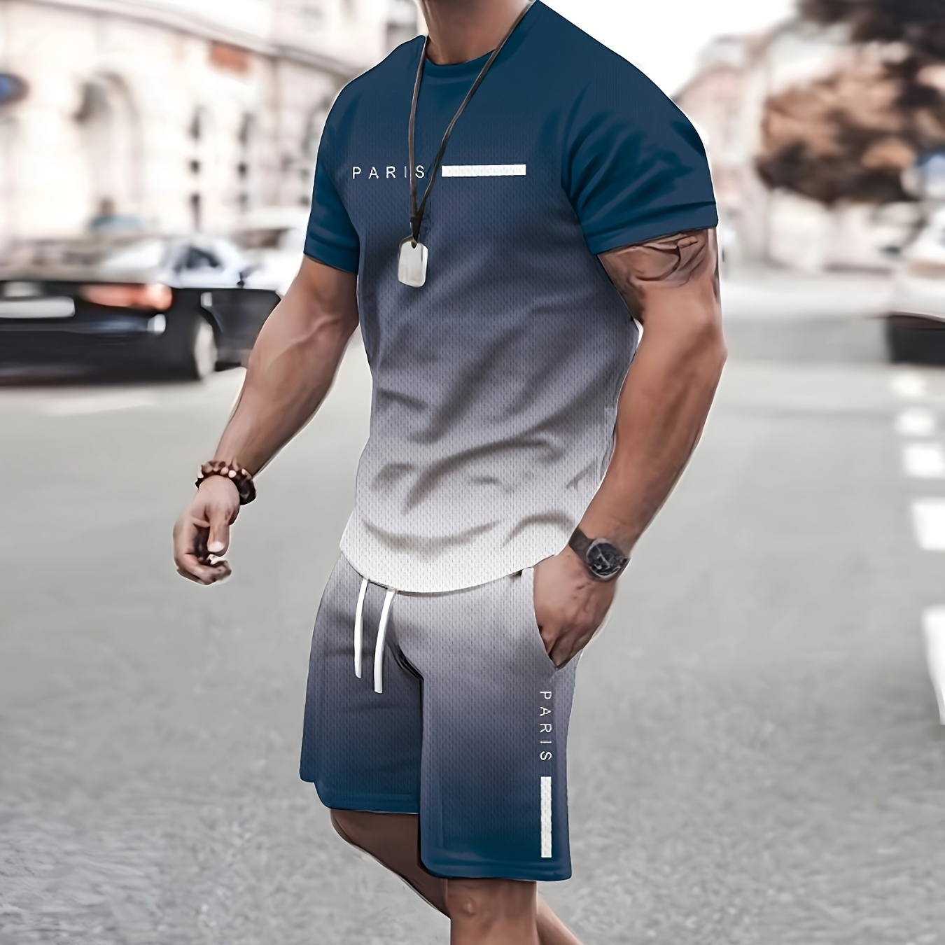 

Men's Two-piece Set Of Gradient Color Tops And Shorts, Letter Print "paris" Crew Neck And Short Sleeve T-shirt And Shorts With Drawstring And Pockets, Casual And Trendy Set For Summer Outdoors Wear