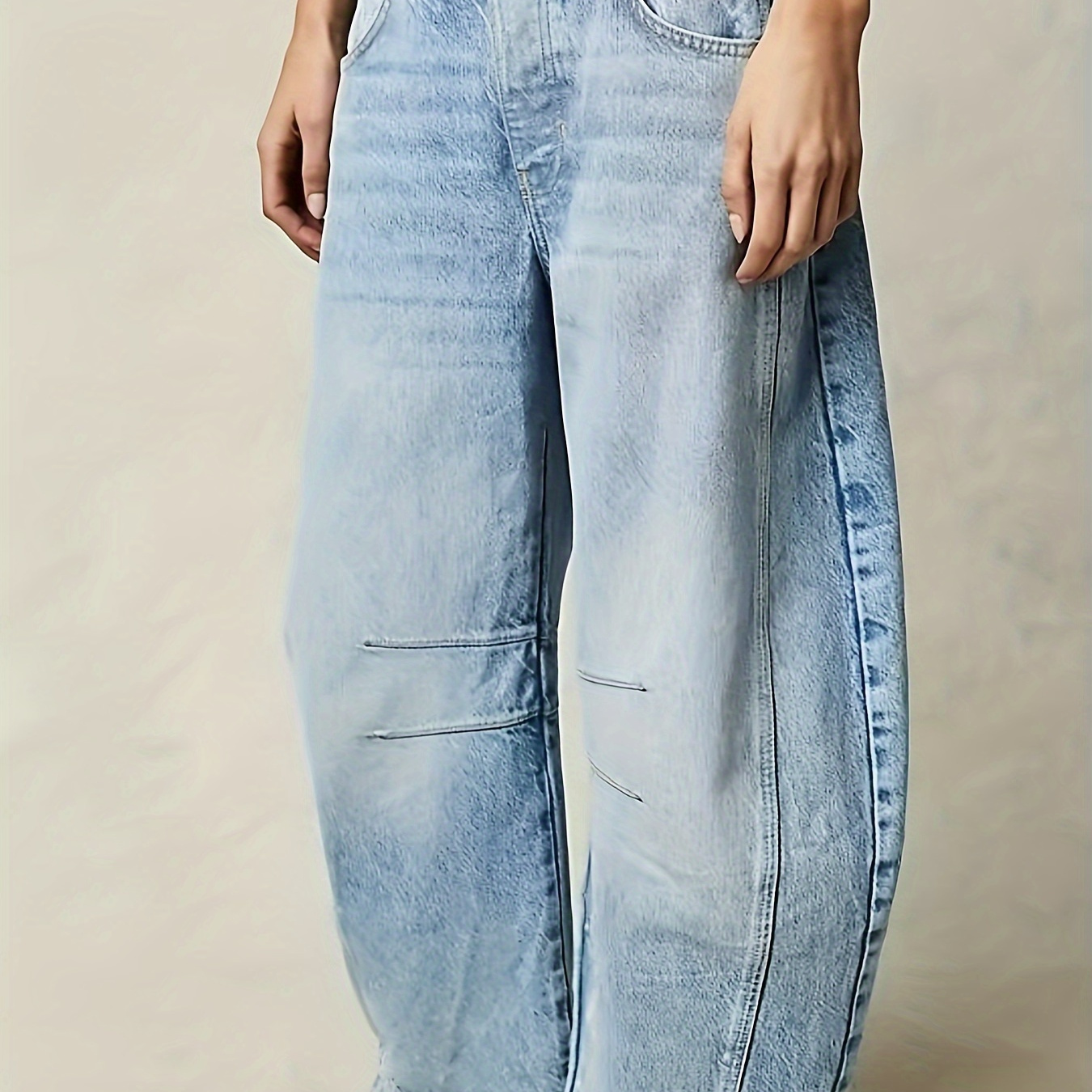 

Women's Stretchy Thickened Harem Cropped Jeans - Mid-rise, Wide Leg, Light Blue Denim With Pockets, Machine Washable, Pants|midrise Harem|stretch Denim