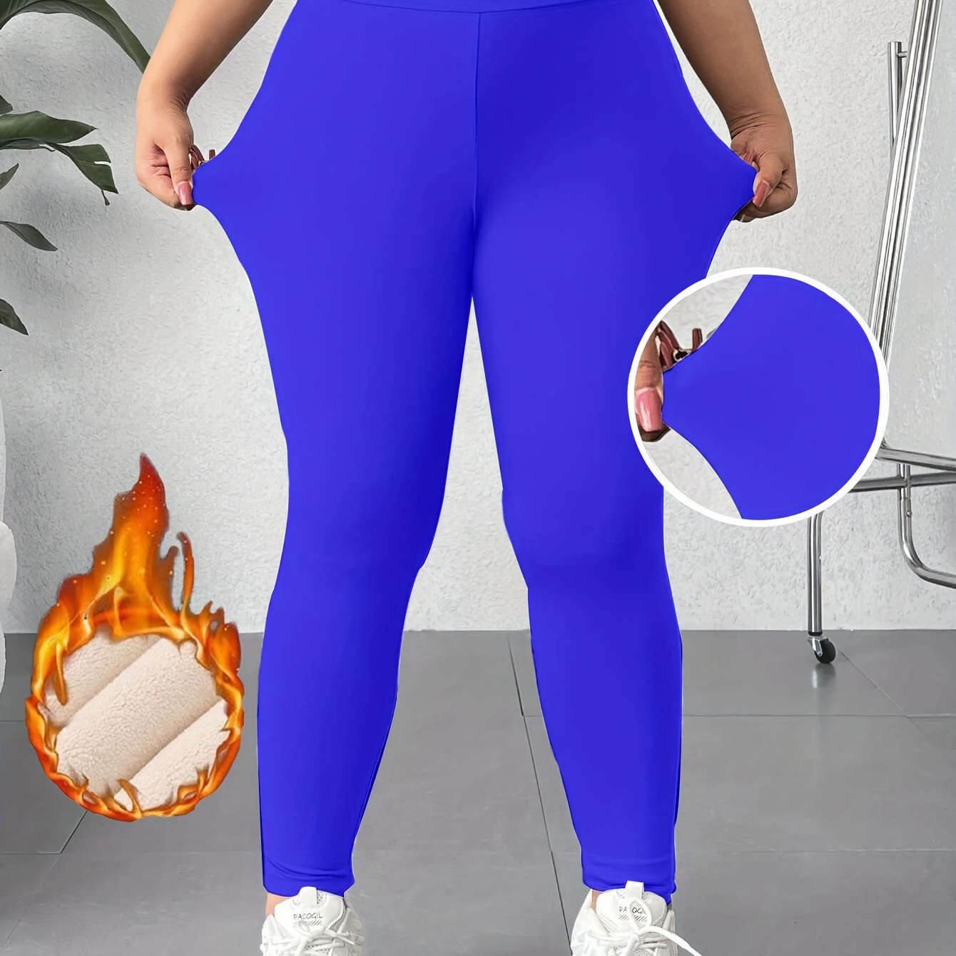 

Plus Size Solid Warm Leggings, Casual High Waist Thick Stretchy Leggings For Fall & Winter, Women's Plus Size Clothing