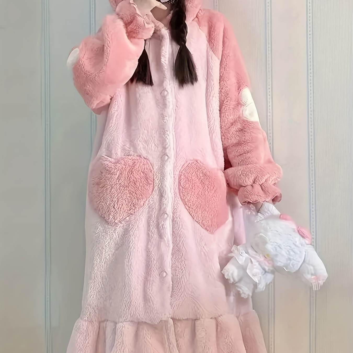 

Cute Rabbit Floral Embroidery Plush Night Robe, Long Sleeve Buttons Hooded Ruffle Hem Sleep Robe With Pockets, Women's Sleepwear For Fall/ Winter