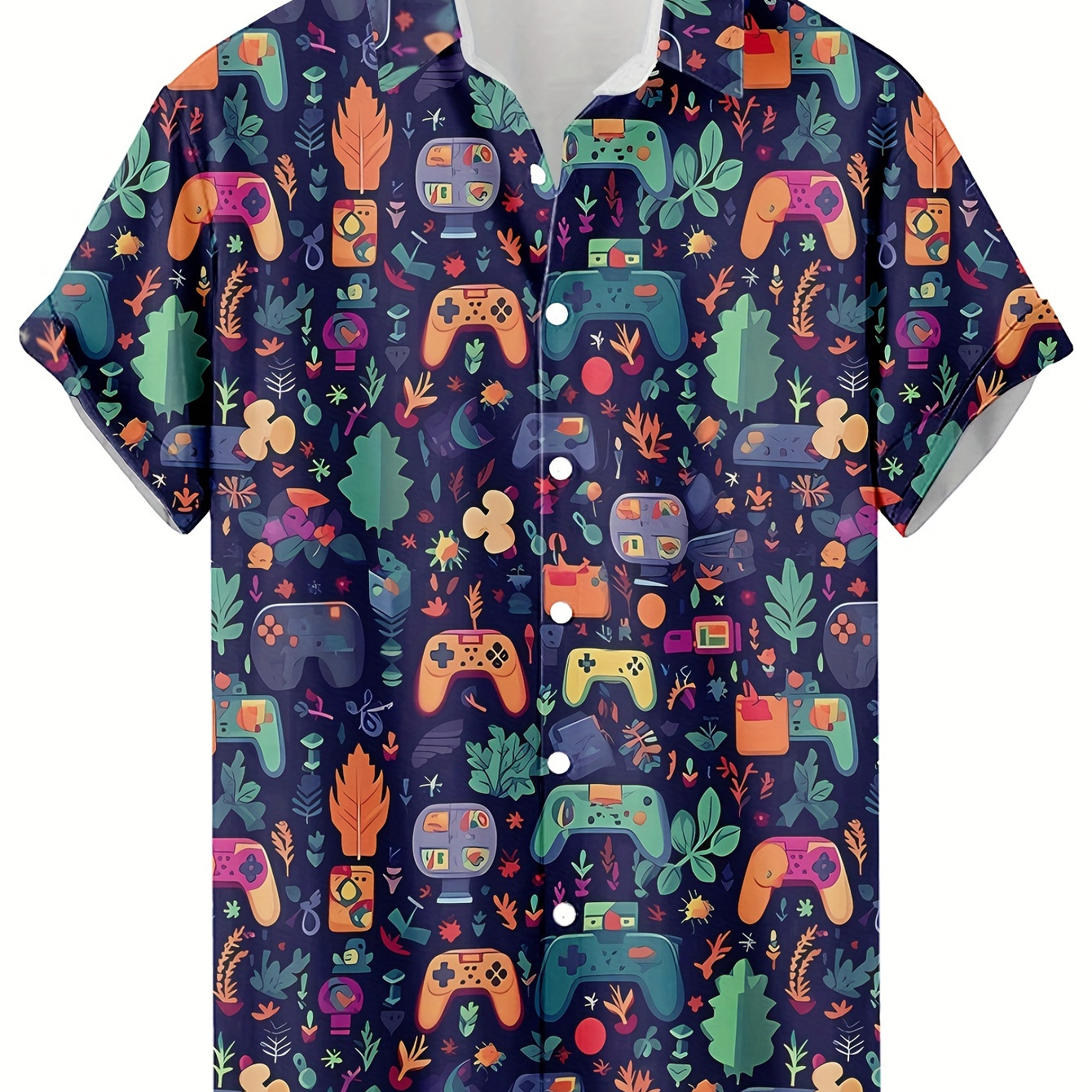 

Joystick Journey, Men's Retro Gaming Controller 3d Shirt - Short Sleeve, Button-up, Polyester & Spandex , Non-stretch Fabric, Summer Hawaiian Style, Regular Fit, No-collar Design