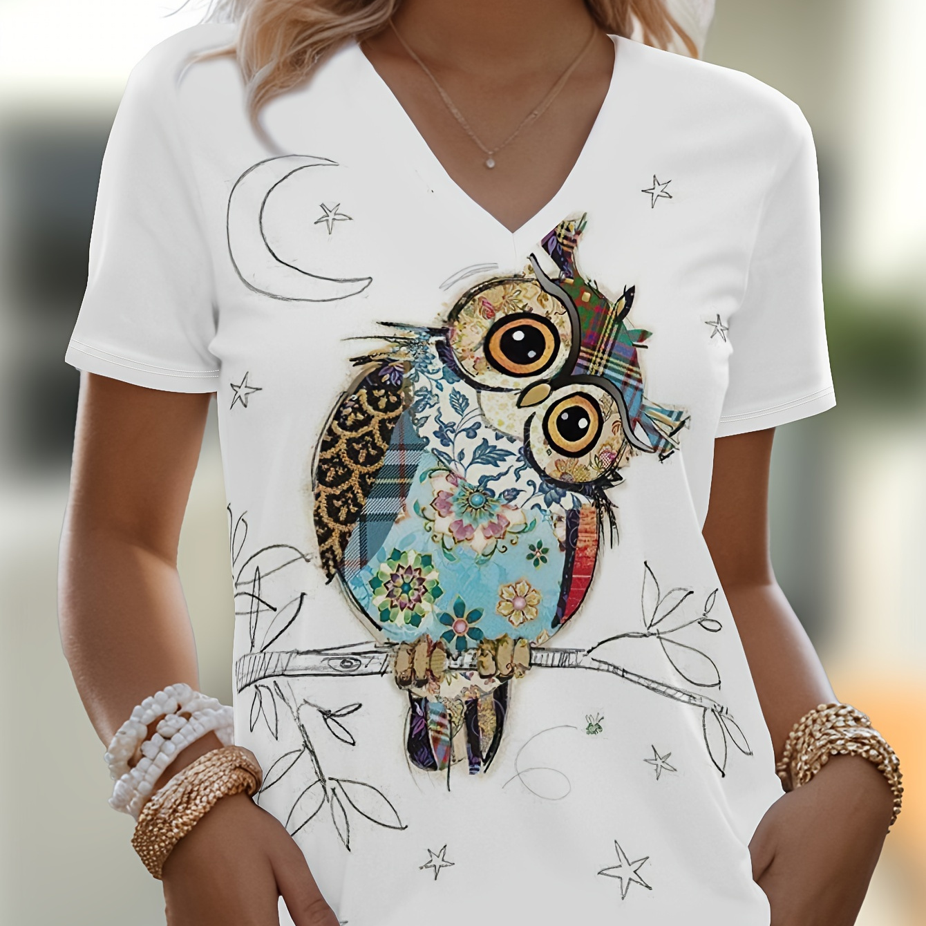 

Plus Size Cartoon Owl Print T-shirt, Casual V Neck Short Sleeve T-shirt, Women's Plus Size clothing