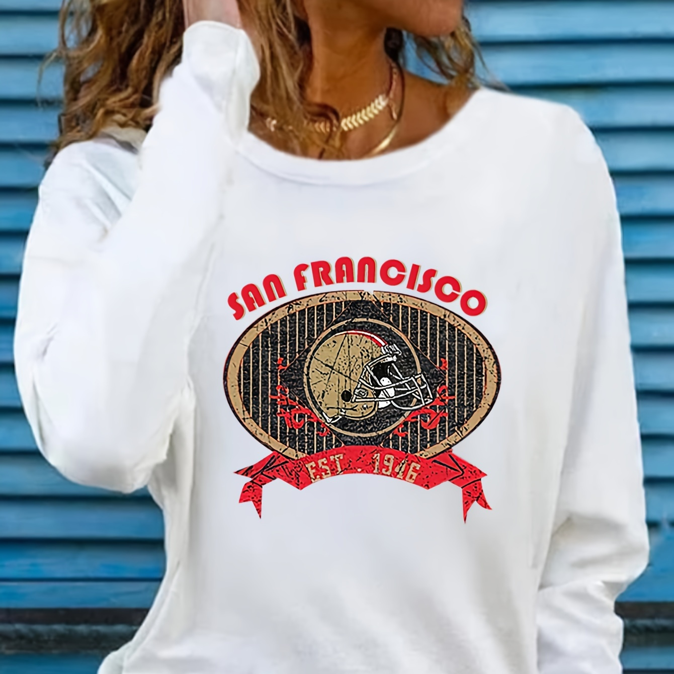 

Graphic Print T-shirt, Long Sleeve Crew Neck Casual Top For Spring & Fall, Women's Clothing