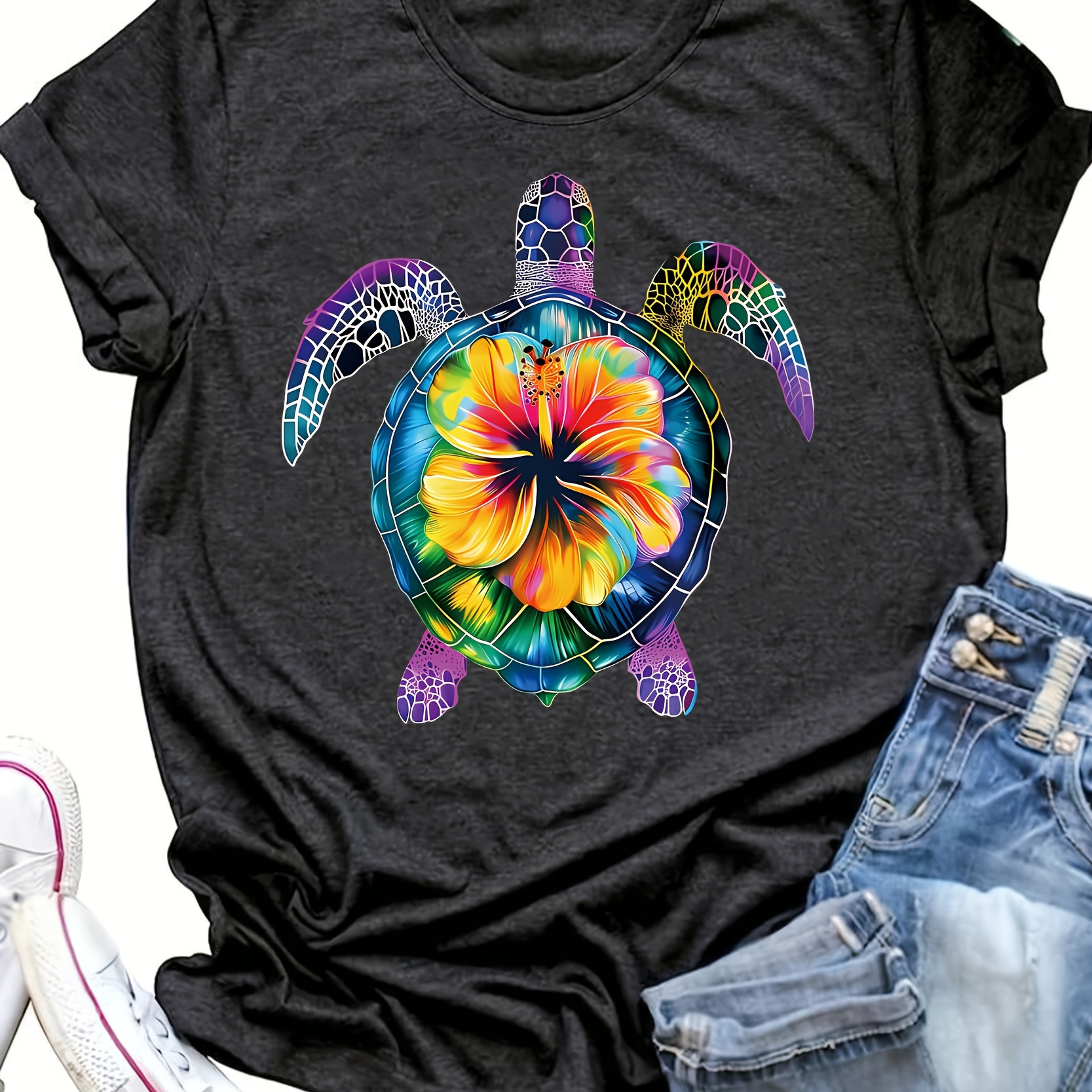

Turtle Print Short Sleeve T-shirt, Casual Crew Neck Top For Spring & Summer, Women's Clothing