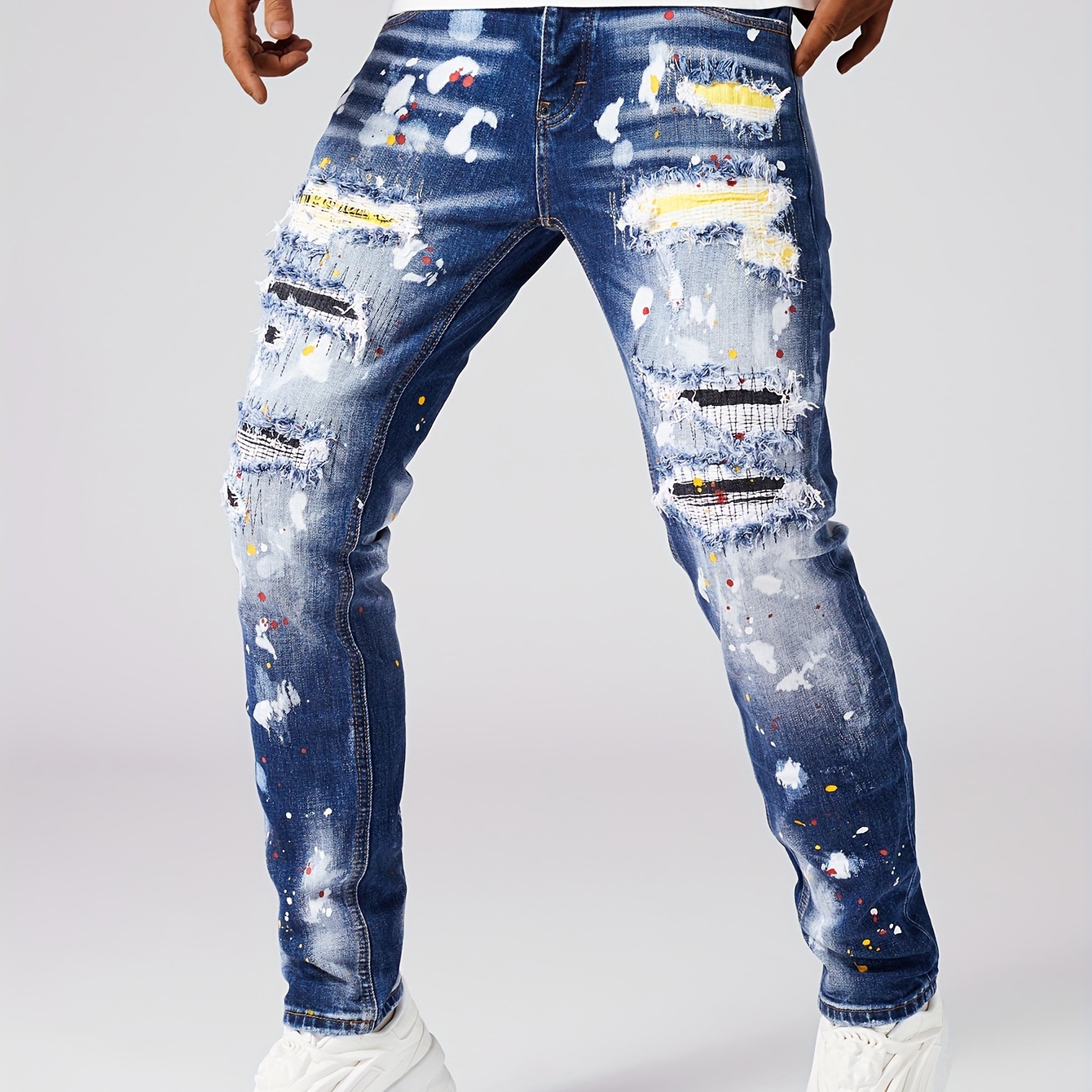 

Men's Cotton Ripped Distressed Jeans, Chic Street Style Slim Fit Bottoms For Men, All Seasons