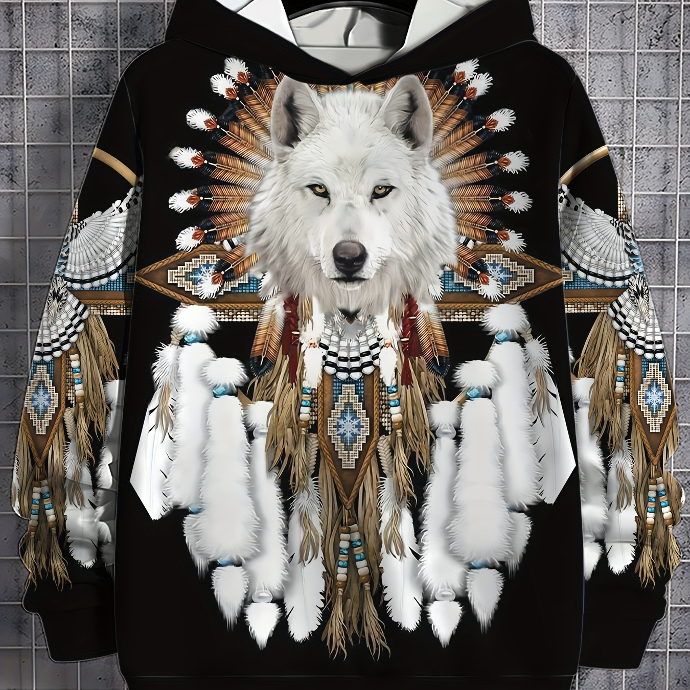 

Wolf Print Casual Hoodie - Men's Polyester Crew Neck Sweatshirt With Slight Stretch, Knit Fabric Regular Fit Pullover With Unique Animal Graphic Design For Outdoor Activities And Everyday Wear