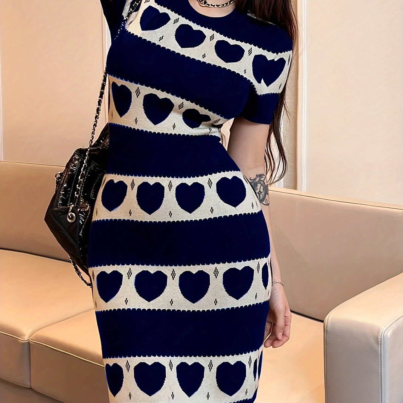 

Heart Pattern Knitted Short Sleeve Dress, Casual Crew Neck Sweater Dress For , Women's Clothing