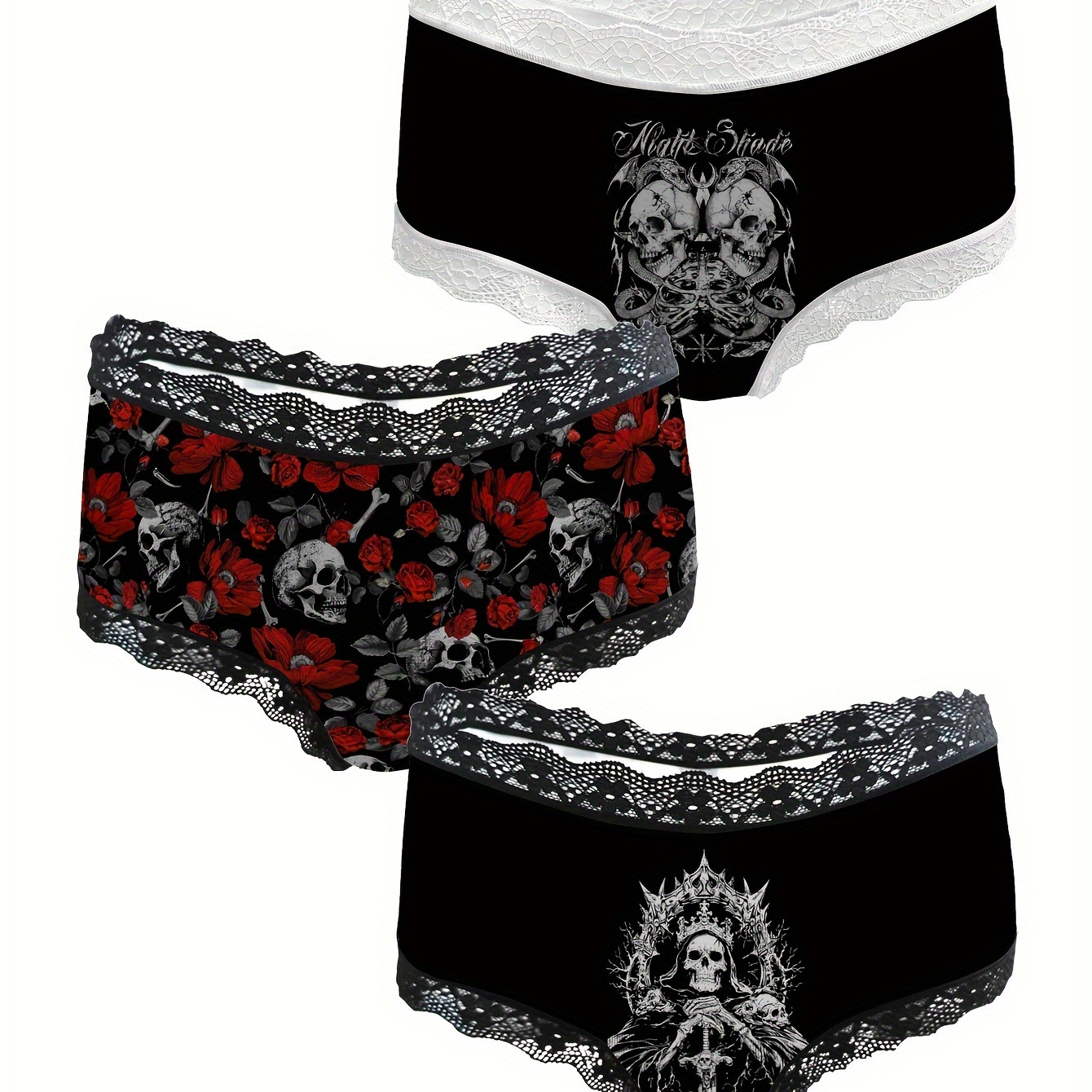 

3-pack Gothic Bikini Set For Women, Mid-rise Lace Trim Briefs With Skull And Rose All-, Knit Polyester Fabric, 170gsm, Contrast Lining Elastane – 3pcs Lingerie Set