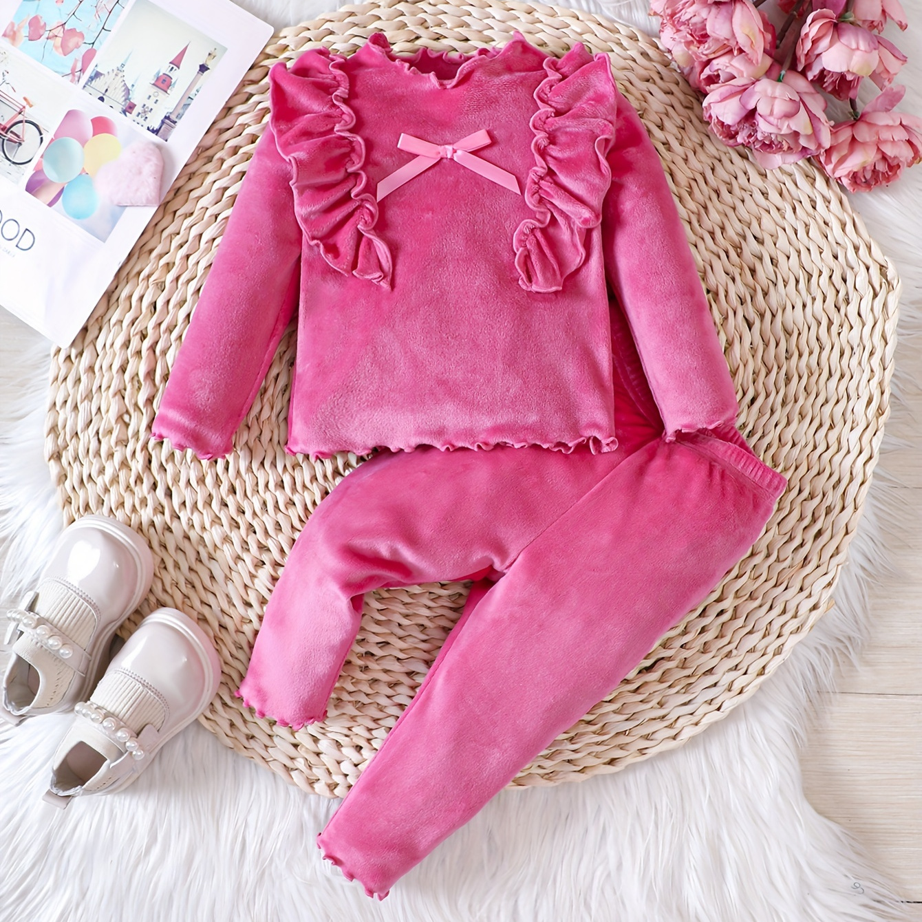 

Baby Girls Solid Fleece Ruffled Long Sleeve Top Pants Warm Clothes Set For Autumn And Winter