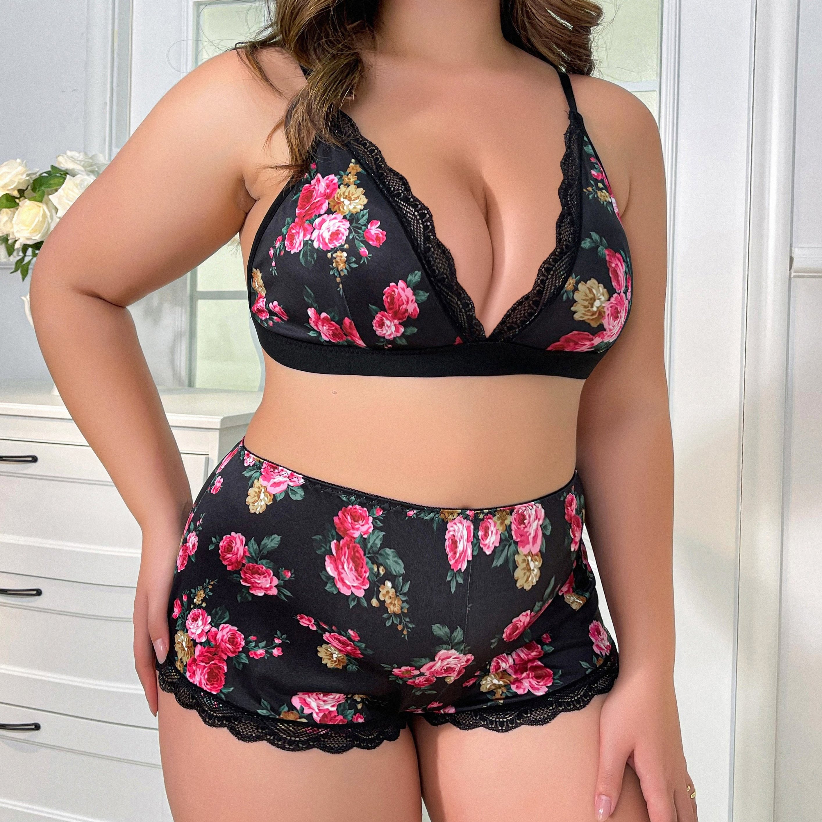 Plus Size Sexy Lingerie Set Women's Plus Floral Print - Temu