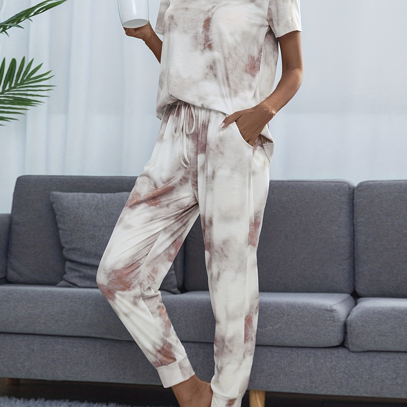 Tie Dye Print Lounge Set, Crew Neck Short Sleeve Top & Lace Up Pants, Women's Loungewear & Sleepwear