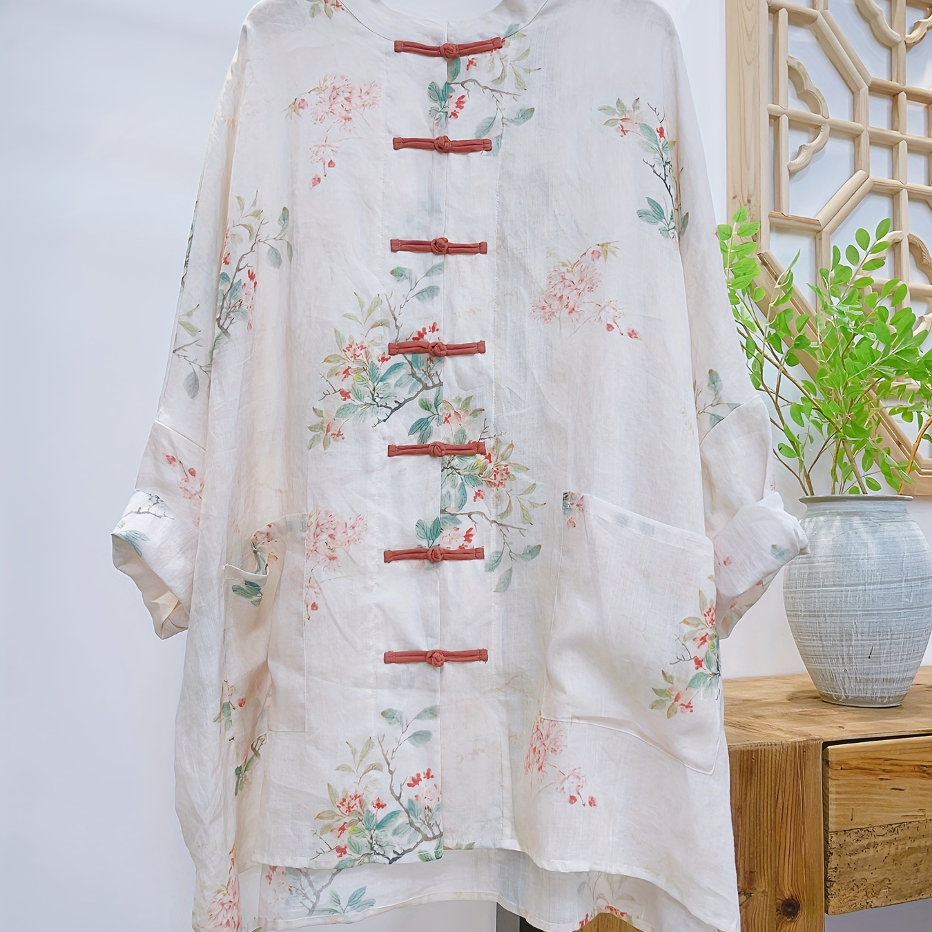 

Floral Print Frog Button Blouse, Chinese Vintage Long Sleeve Collar Dual Pockets Blouse For Spring & Fall, Women's Clothing