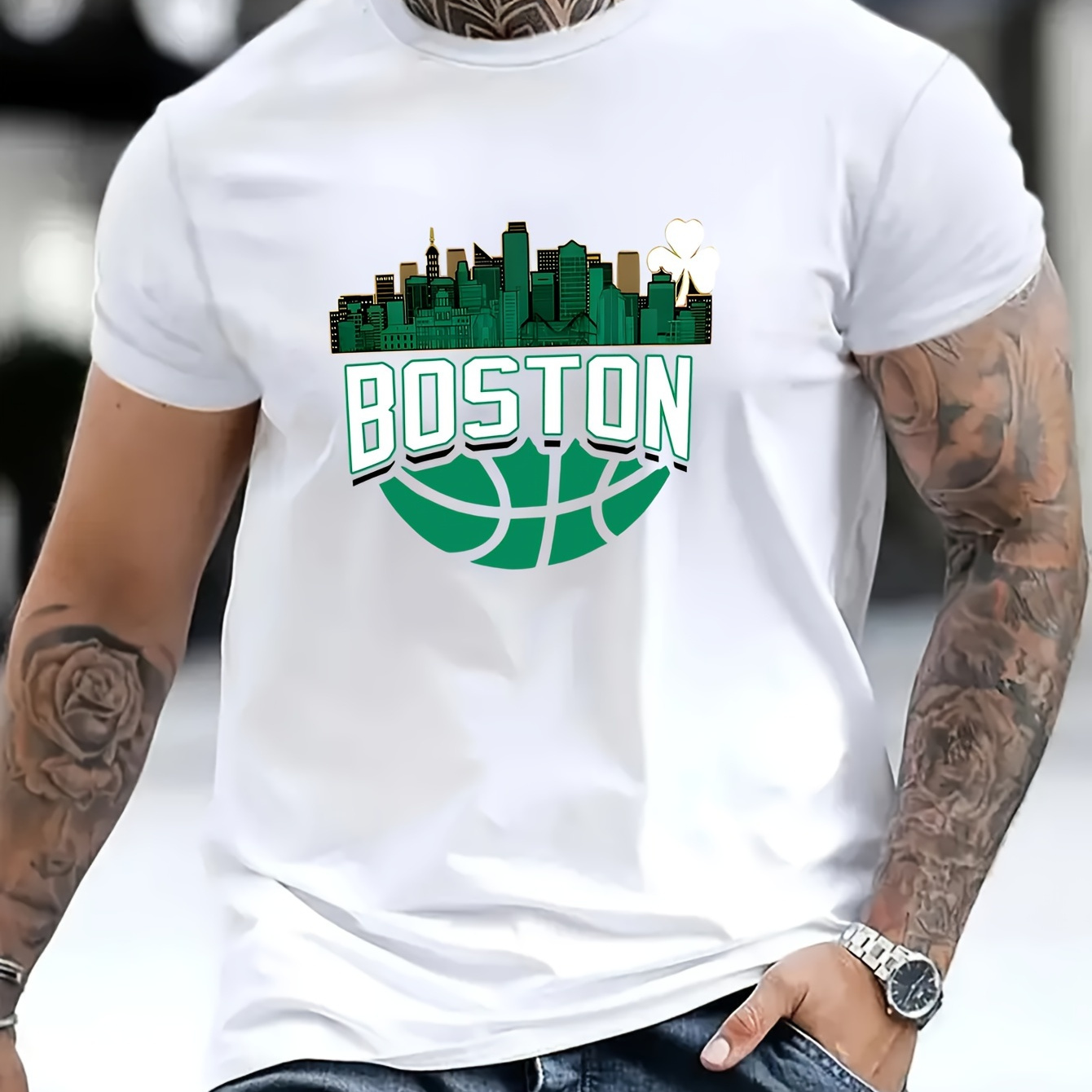 

Men's Casual Versatile Summer T-shirt - Basketball Themed Boston Print Short Sleeve Crew Neck Comfy Tees As Gift