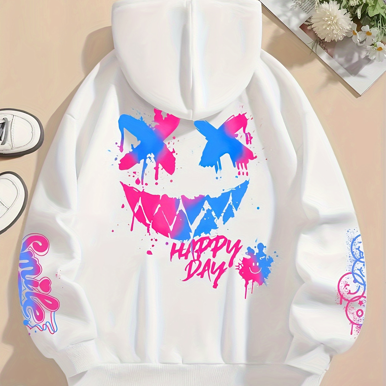 

Sweat-shirt à capuche décontracté pour femme avec imprimé de dessin animé - Tissu tricoté 100 % polyester, sweat-shirt à capuche à manches longues pour toutes les saisons