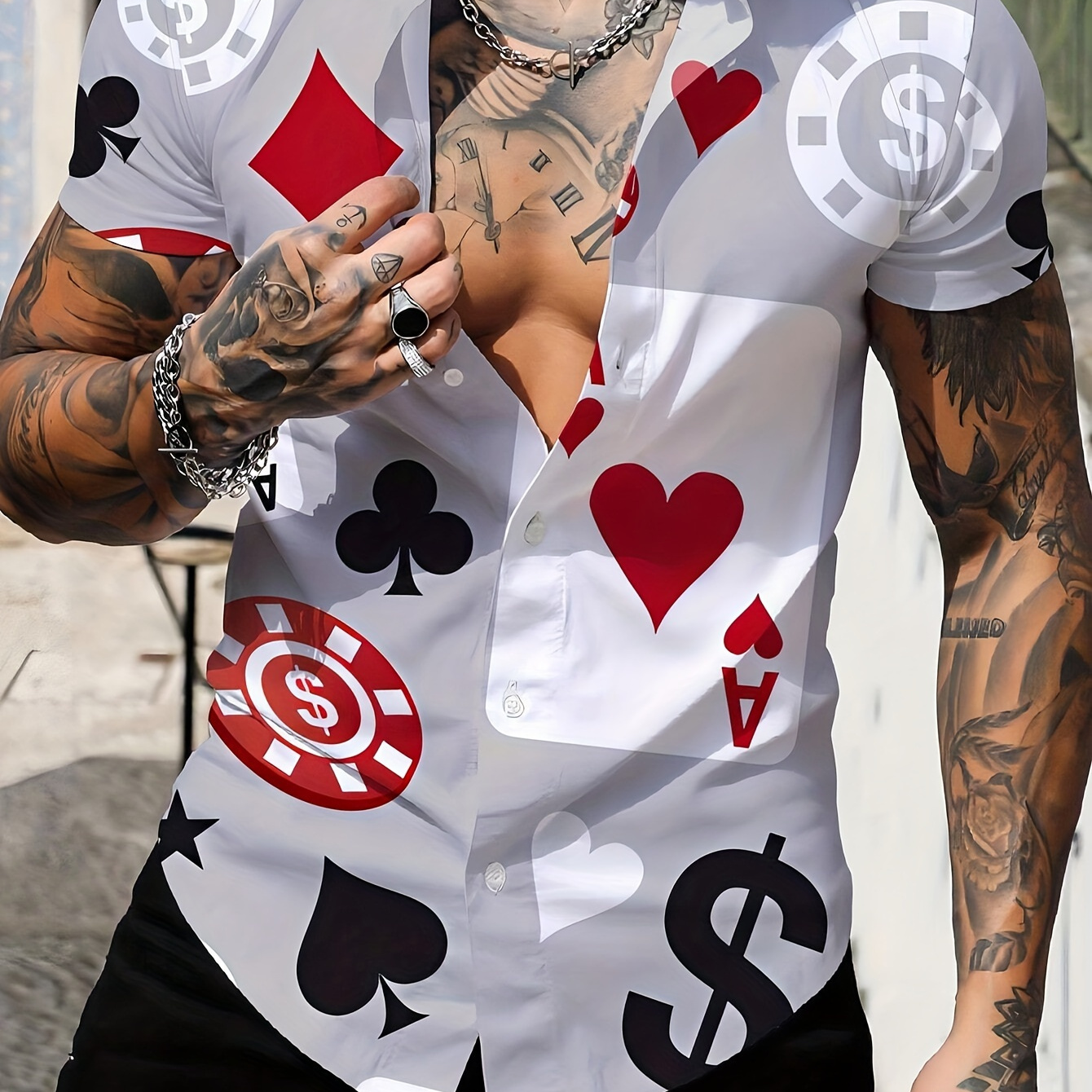 

Men's Trendy Lapel Collar Graphic Shirt With Stylish Geometric-pattern Print For Summer Vacation And Casual Wear