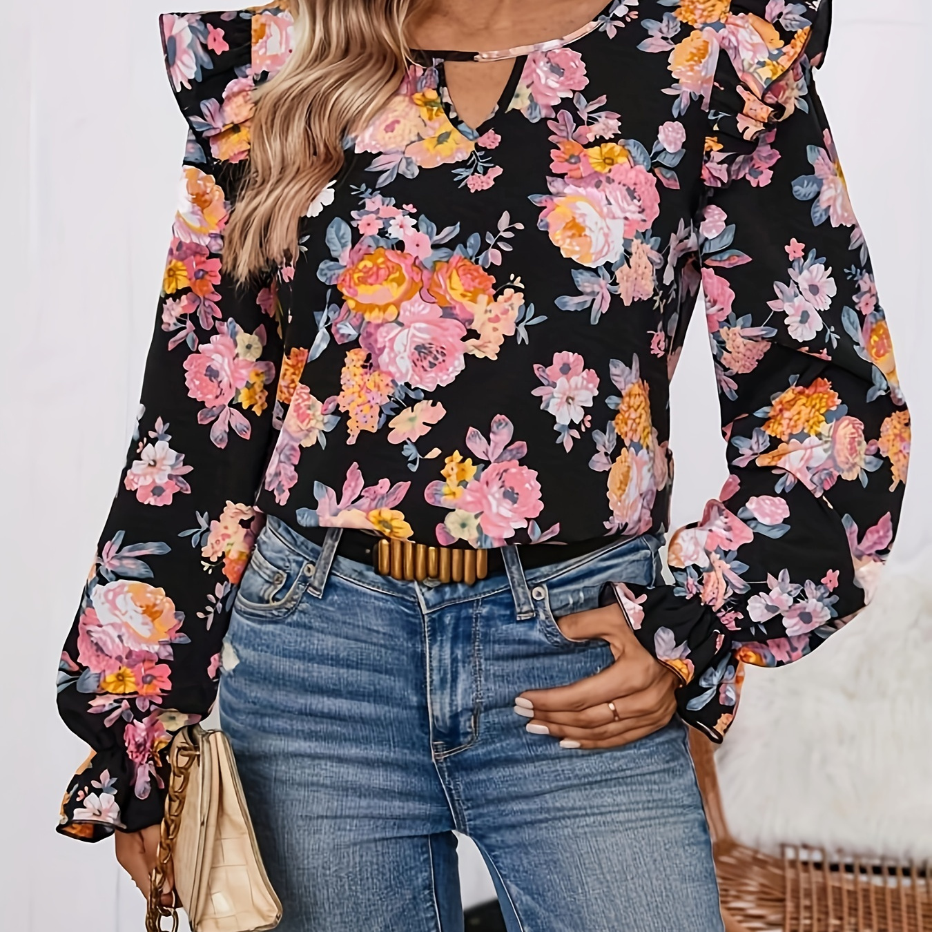 

Floral Print Ruffle Trim Blouse, Casual Long Sleeve Blouse For Spring & Fall, Women's Clothing