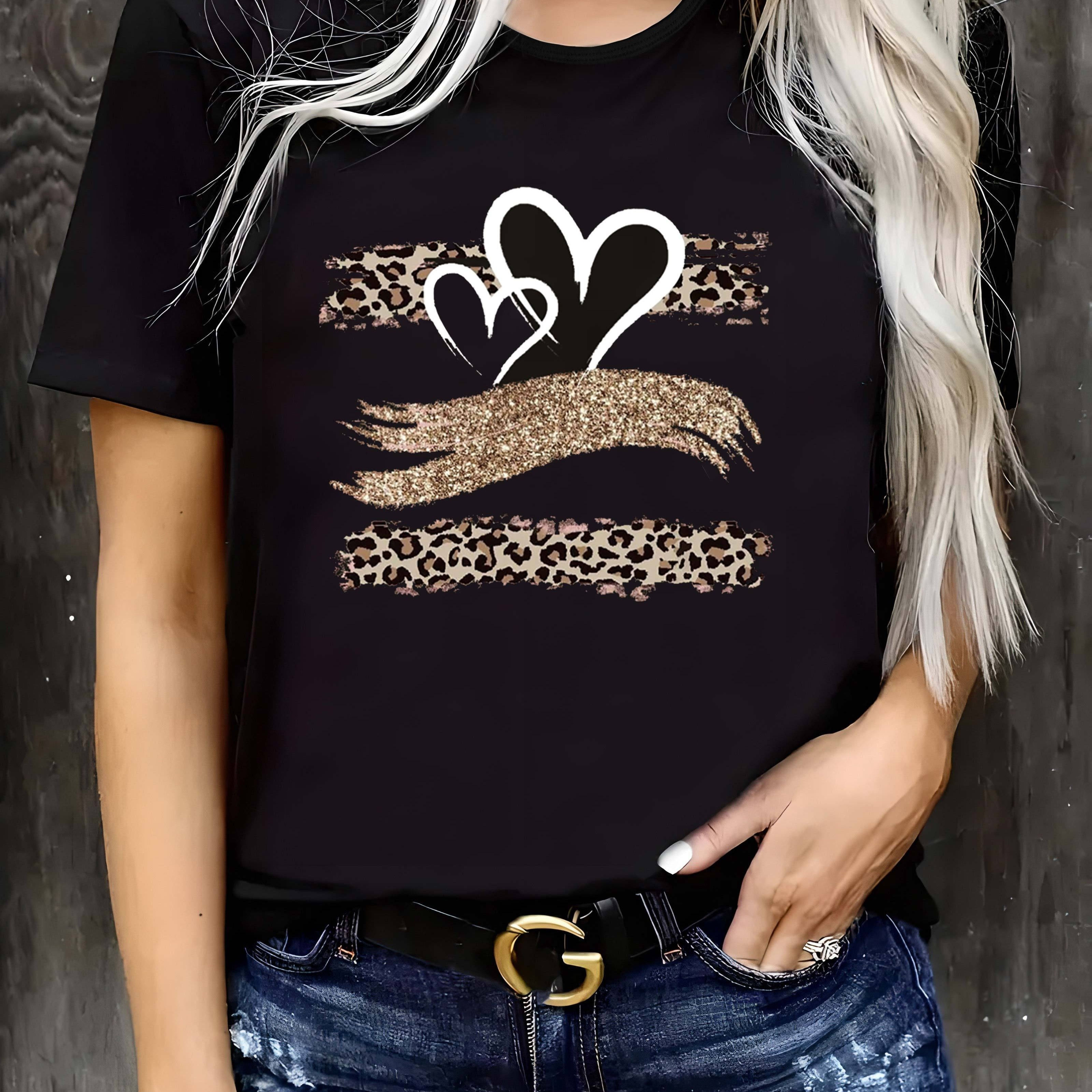 

Heart Print Crew Neck T-shirt, Casual Short Sleeve T-shirt For Spring & Summer, Women's Clothing