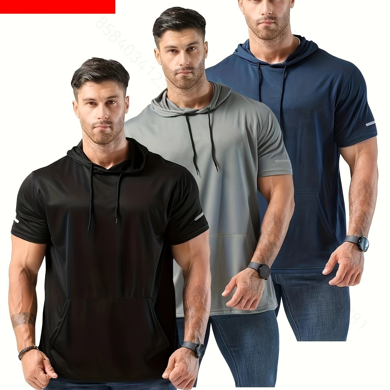 

3pcs Men' Hooded Short Sleeve T-shirts With Kangaroo Pocket, Slight Stretch Comfy Tops For Summer Casual, Outdoors And Sports Wear