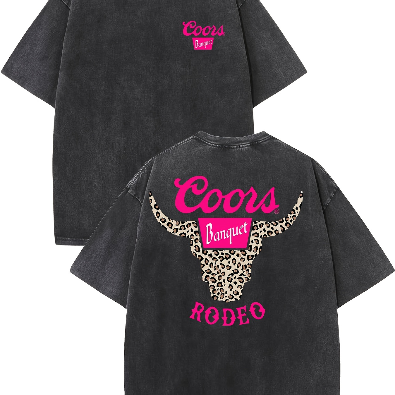 

Men' Coors Banquet Rodeo Graphic T-shirt - 230g Cotton, Dual-sided Print With Leopard Print & Cow Skull Design, Drop Shoulder Sleeves, Round Neck, Summer Casual Wear