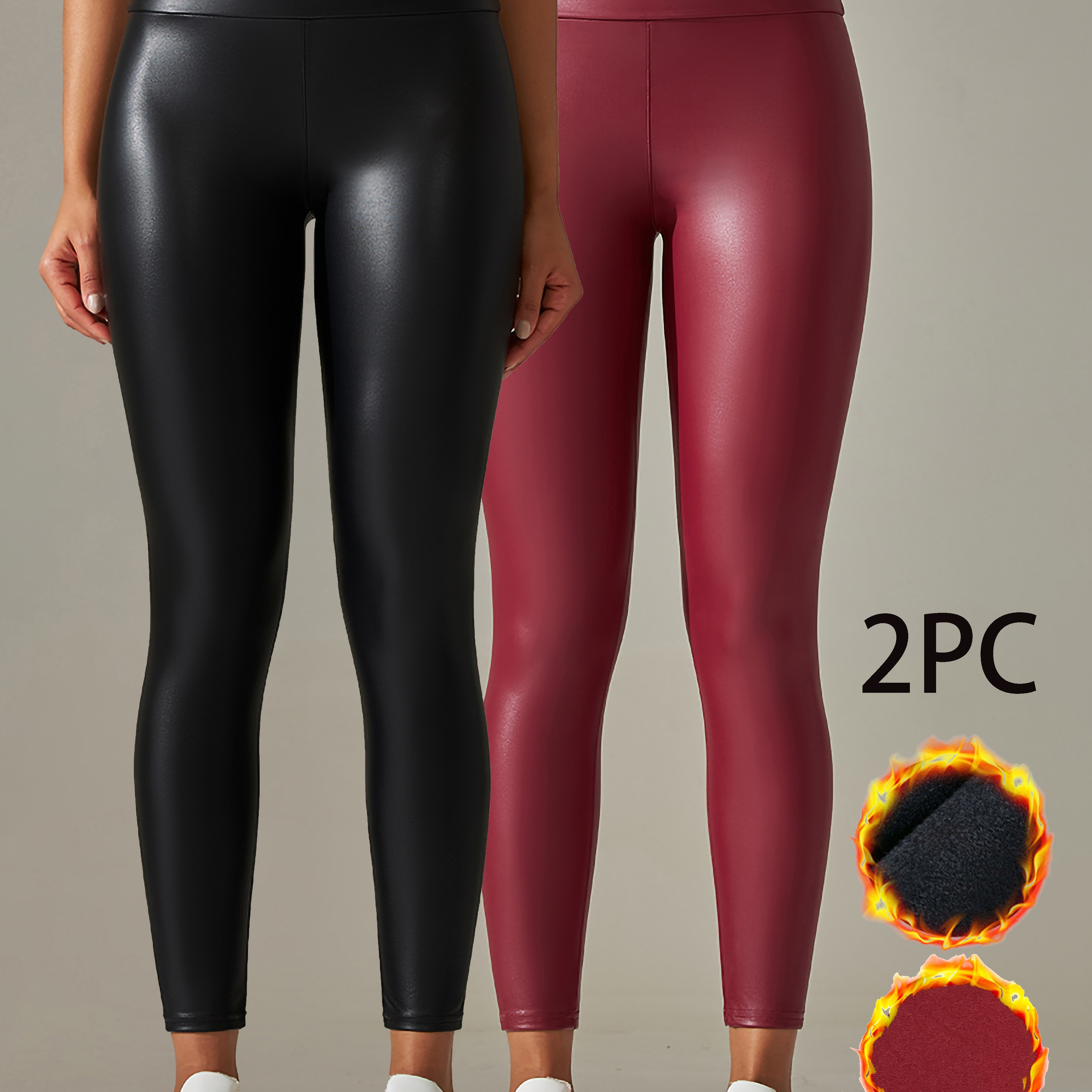 

2pcs High-waisted Fleece-lined Leggings For Women - Stretchy, Non-see-through, Black & Burgundy, High Waisted Leggings