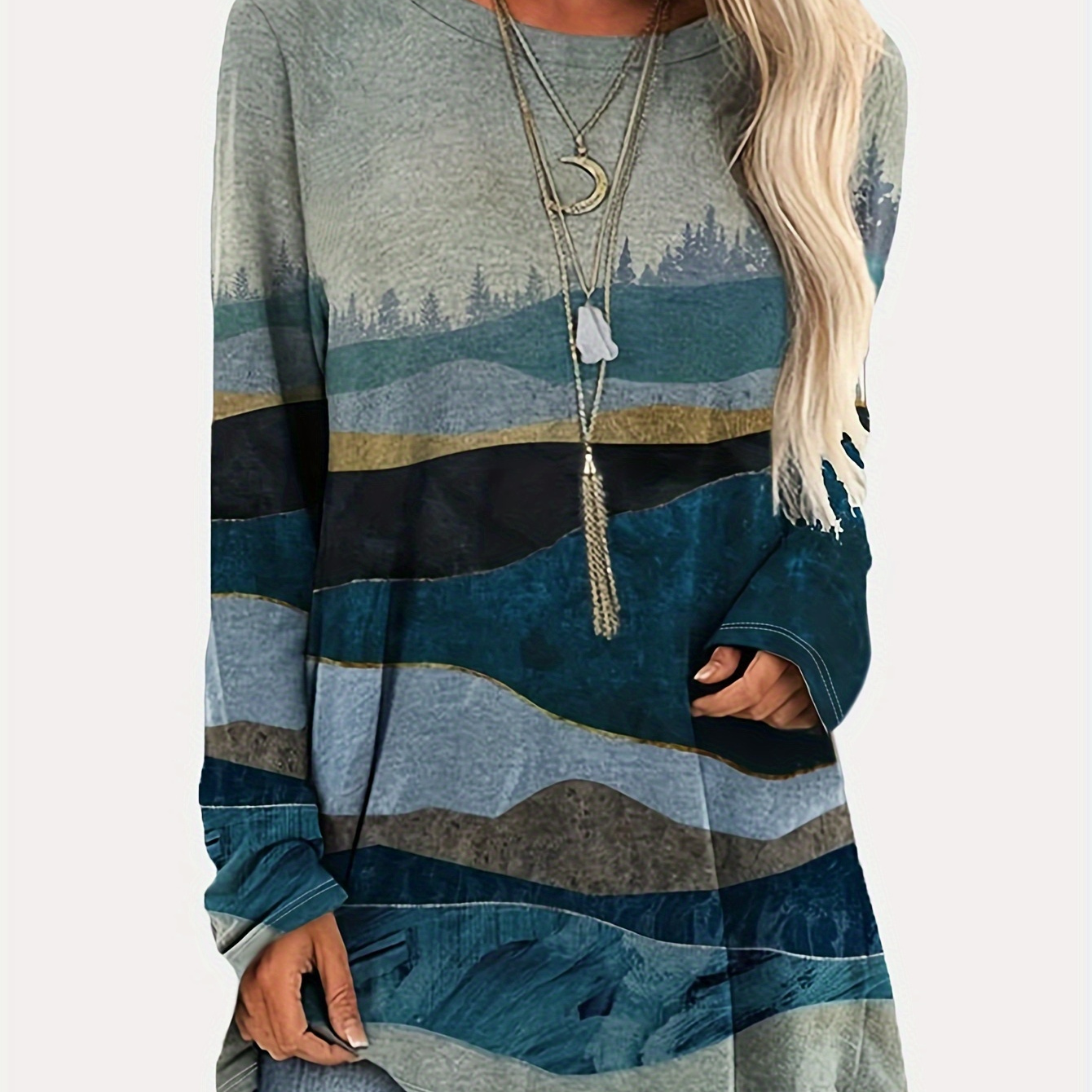 

Graphic Print Crew Neck Tunics, Casual Long Sleeve Midi T-shirt For Spring & Fall, Women's Clothing