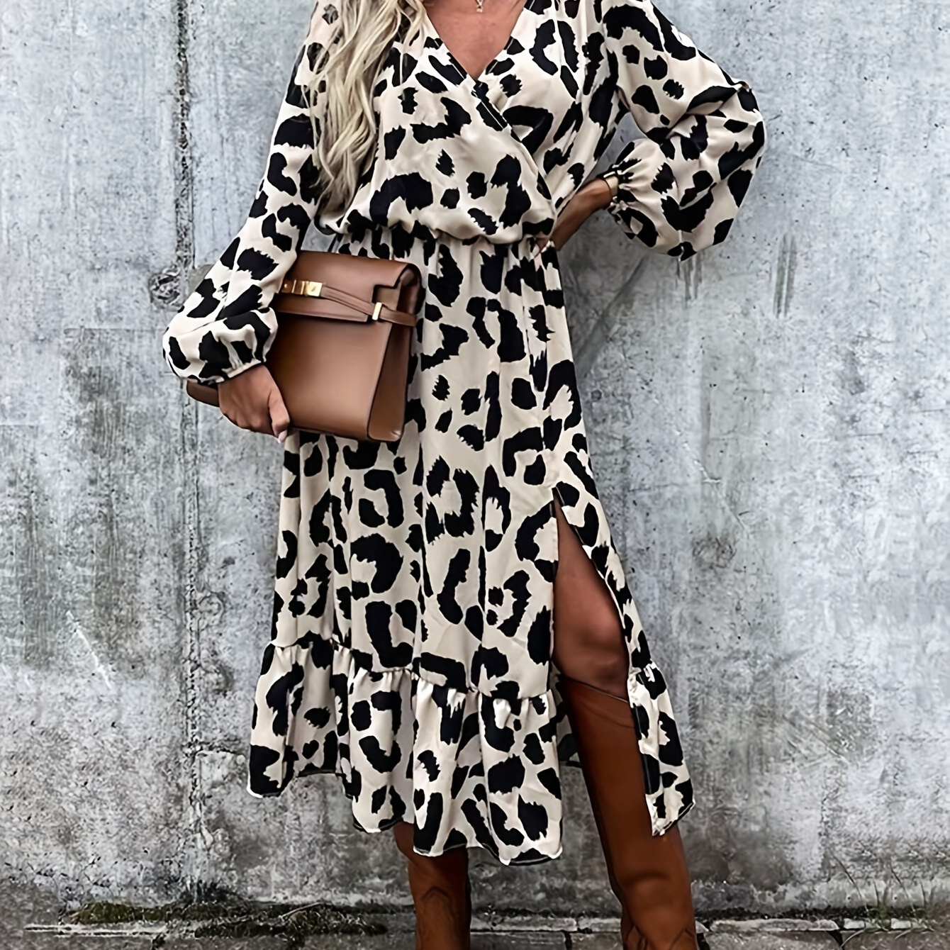 

Leopard Print Long Sleeve Split Dress, Casual Ruffle Hem Surplice Neck Dress For Spring & Fall, Women's Clothing