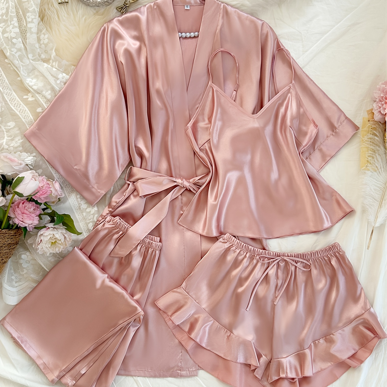 Women'S 4pcs V-Neck Robe, Camisole, Bralette & Shorts Set - Sexy, Comfortable Sleepwear with Ruffled Hem, Solid Color, Polyester Blend, Perfect for All Seasons, Sleepwear Set|Ruffled Hem Robe|Polyester Blend