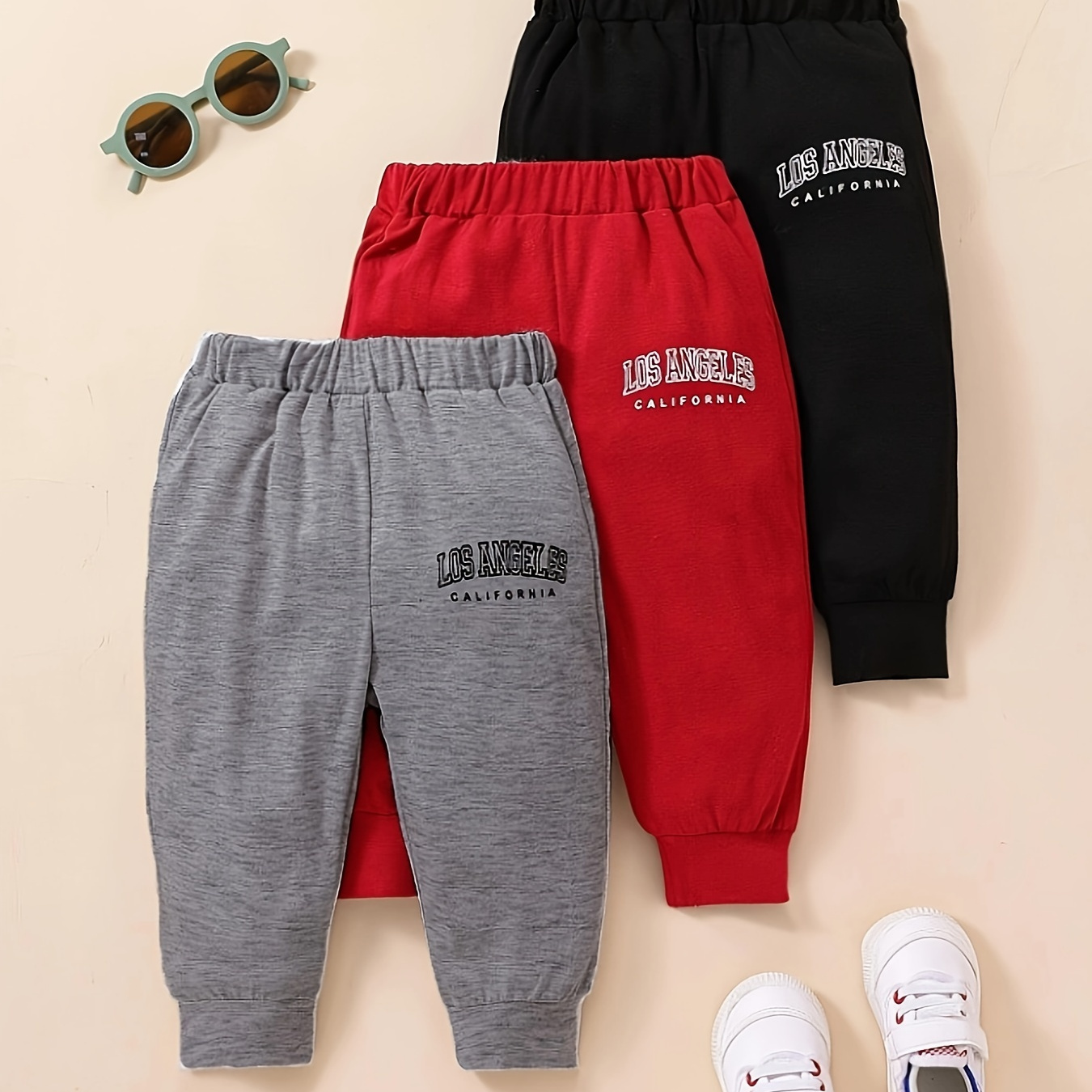 

3pcs Baby Boy's Athletic Sweatpants With Los Angeles Print, Knitted Elastic Waist Jogger Pants