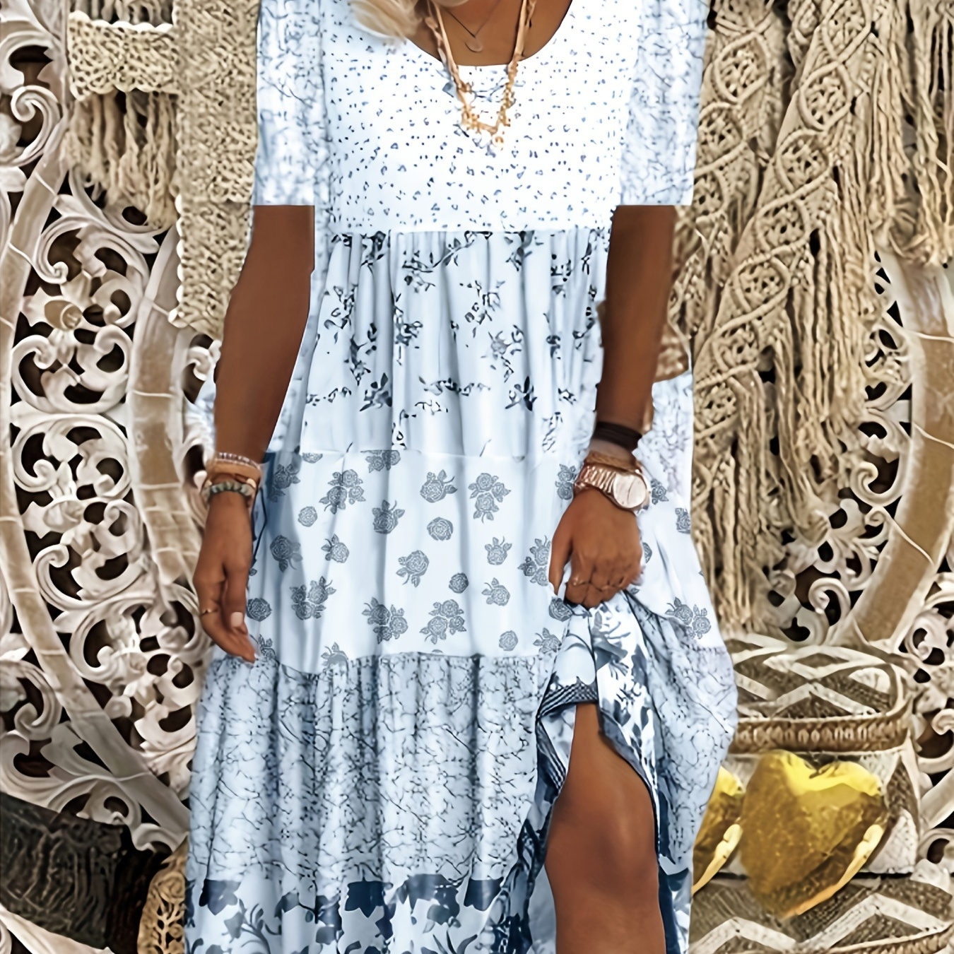 

Plus Size Casual Dress, Women's Plus Colorblock Floral Print Short Sleeve Round Neck High Stretch Dress