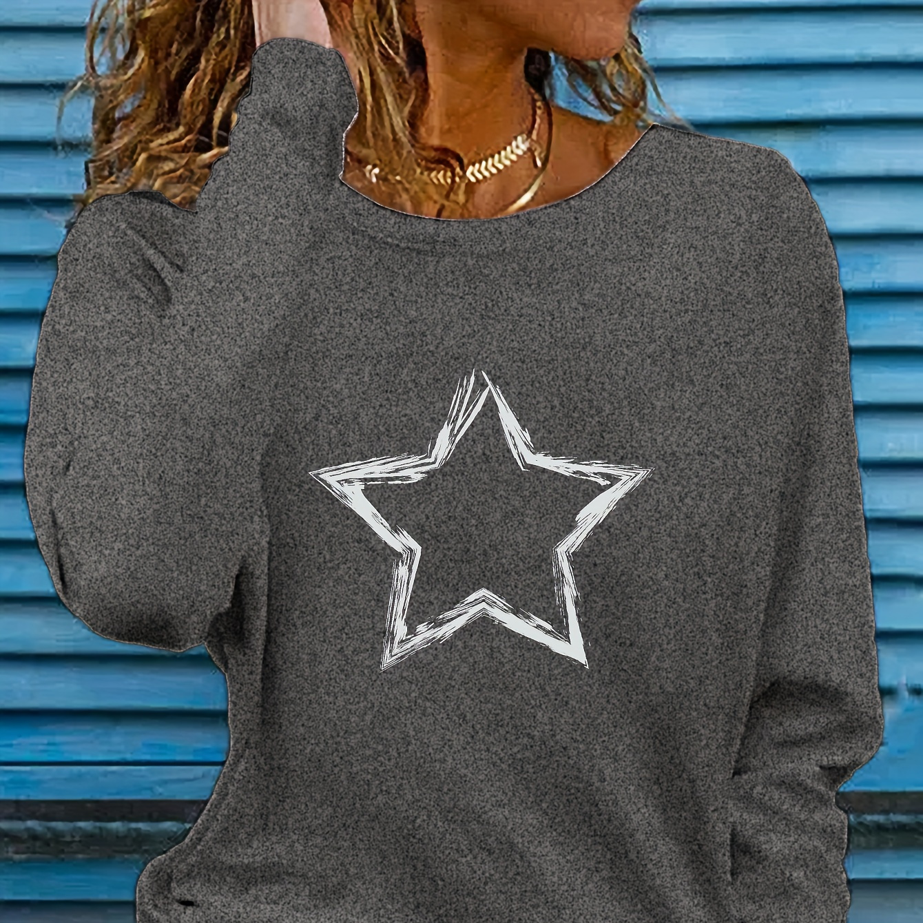 

Star Print Crew Neck T-shirt, Casual Long Sleeve Top For Spring & Fall, Women's Clothing