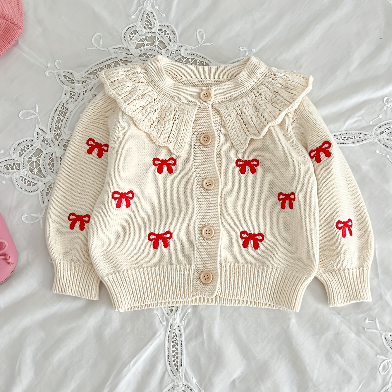 

Baby Girl Cute Bow Pattern Embroidery Ruffle Knit Cardigan Top