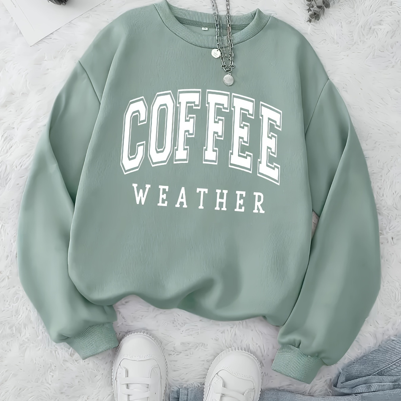 

Coffee Print Pullover Sweatshirt, Casual Long Sleeve Crew Neck Sweatshirt For Fall & Winter, Women's Clothing