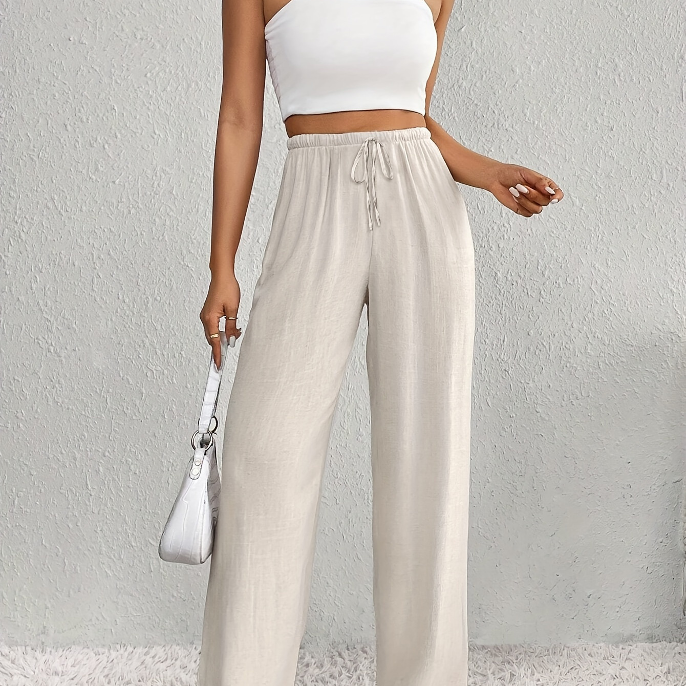 

Solid Color Tied Waist Pants, Versatile Straight Leg Loose Pants For Spring & Summer, Women's Clothing