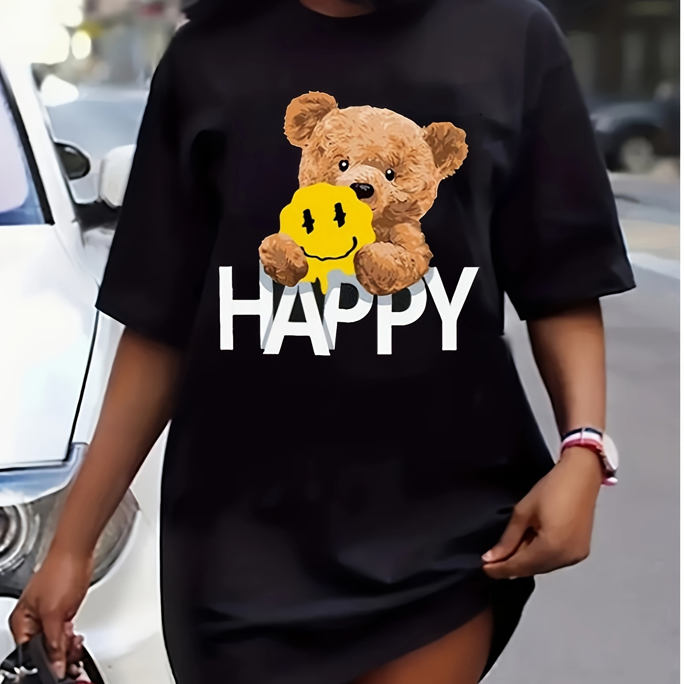 

Graphic Print Tee Dress, Short Sleeve Crew Neck Casual Dress For Summer & Spring, Women's Clothing